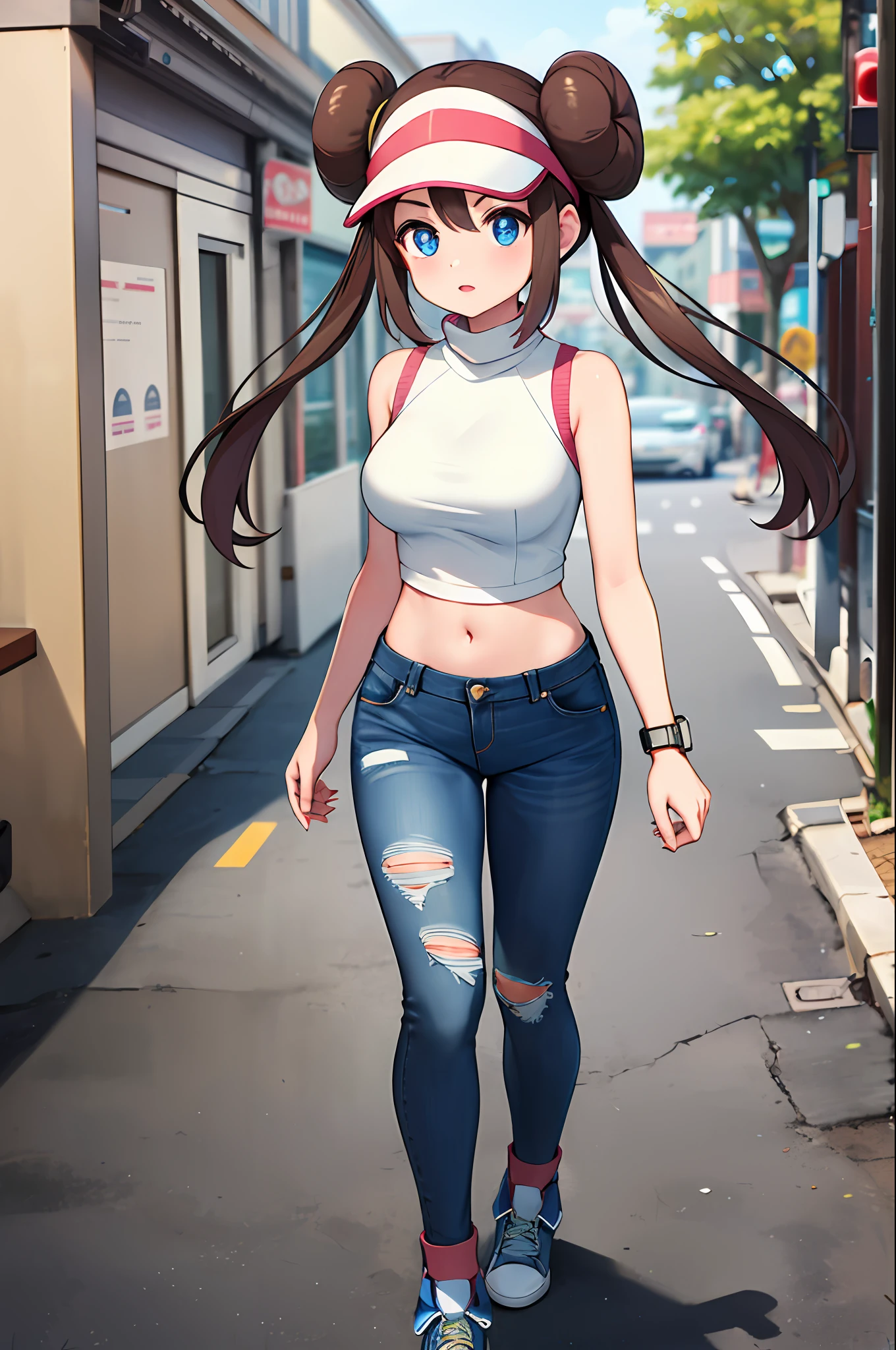 masterpiece, best quality, highres, ro1, hair bun, blue eyes, twintails, visor cap, turtleneck sweater, sleeveless, midriff, torn legwear, jeans, street, standing, walking, large breasts,