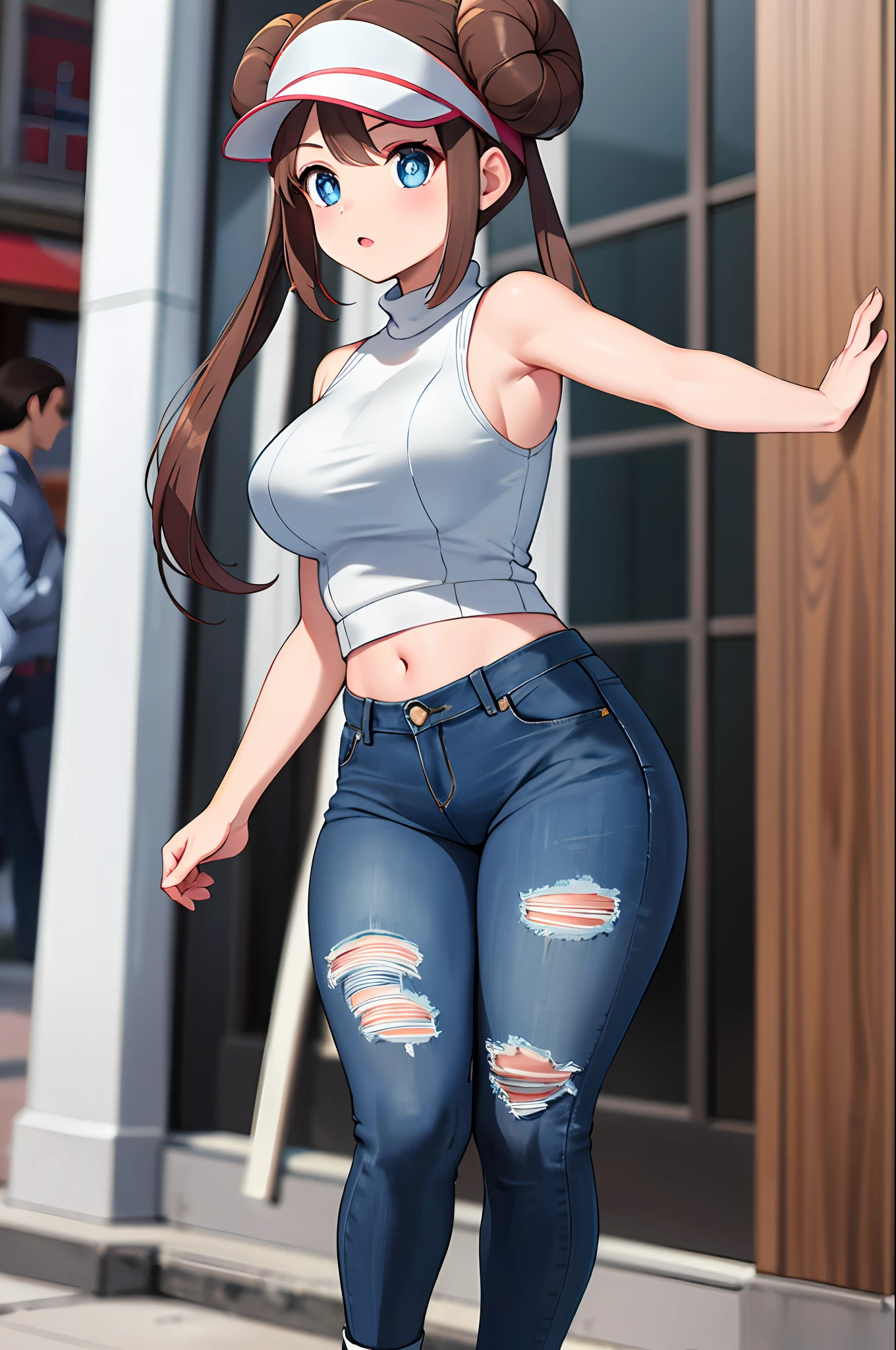 masterpiece, best quality, highres, ro1, hair bun, blue eyes, twintails, visor cap, turtleneck sweater, sleeveless, midriff, torn legwear, jeans, street, standing, walking, large breasts,