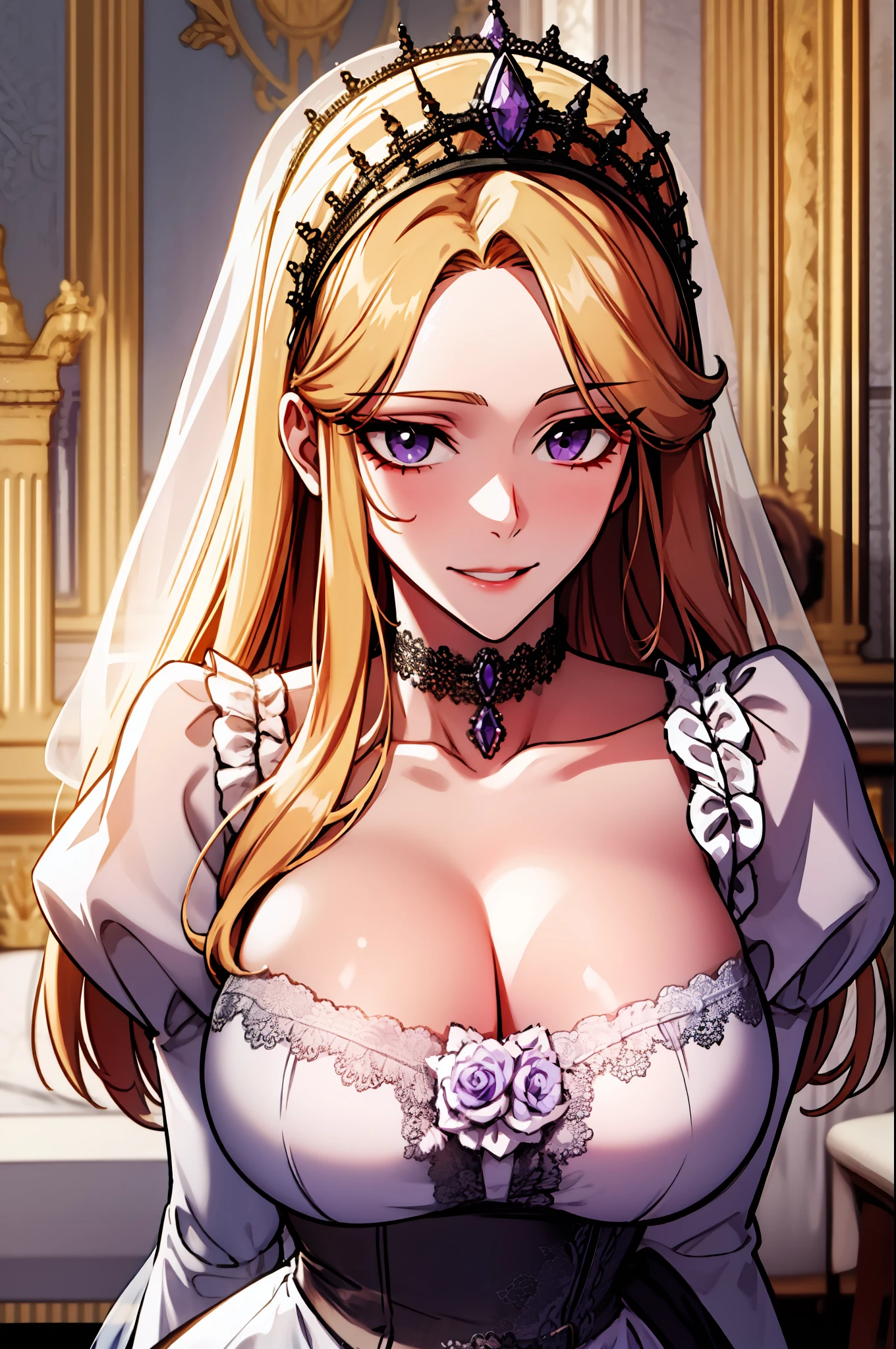 absurdres, highres, ultra detailed, (1girl:1.3), 
BREAK
, sunlight on front face,
BREAK
, hands on own chest, gigantic breasts, looking at viewer, thick thighs, wide hips, cleavage, open shirts, royal dress, romance manhwa, blonde hair, long hair, flower, tiara, white dress, gloves, long sleeves, choker, purple eyes, white gloves, purple bow, purple flower, wavy hair, collarbone, puffy sleeves, parted bangs, frills, bangs, BREAK
, face focus from below, front view,
BREAK
, long eyelashes, embarrassed, seductive smile,
BREAK
, portrait of upper body, with an extreme level of detail, accurate lighting,