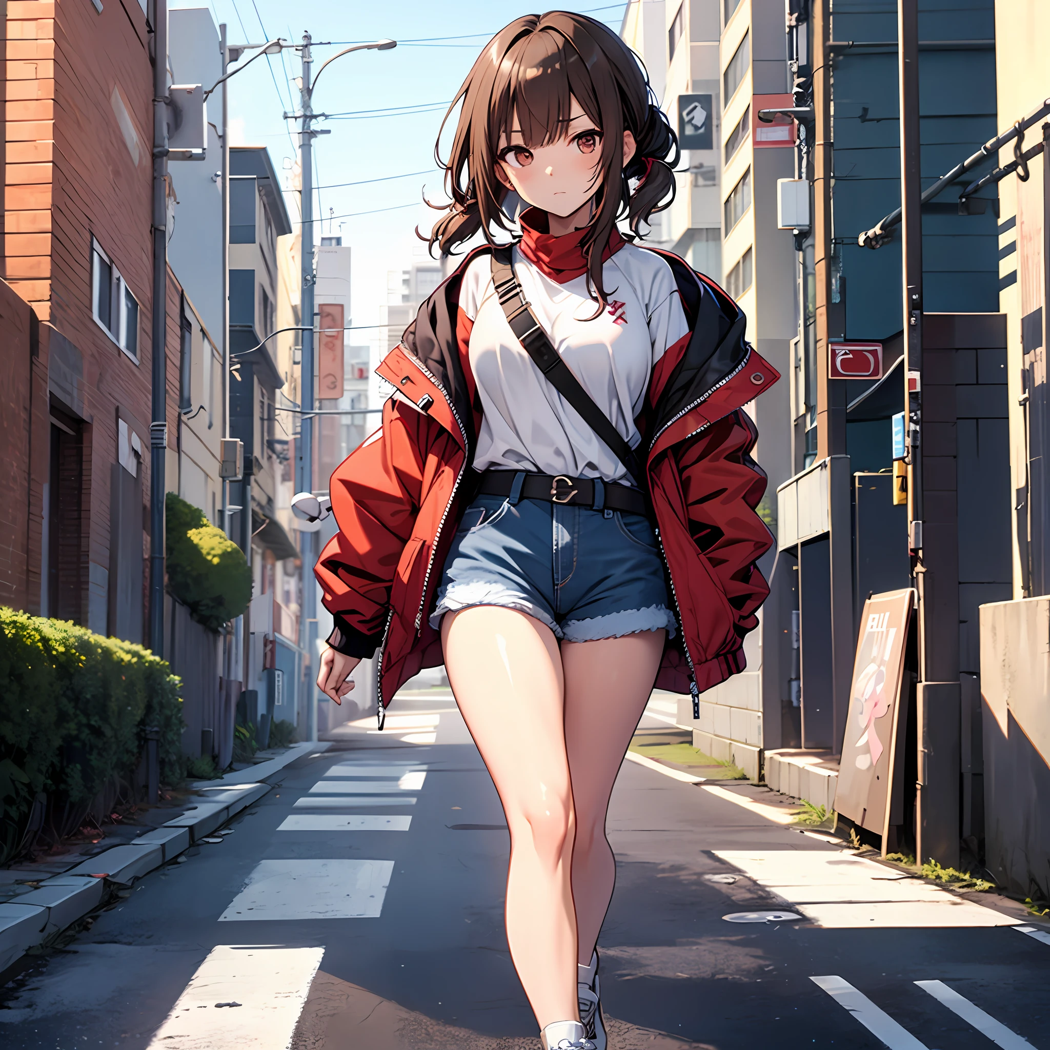 brunette color hair,side pony tail,figure eight bangs,with brown eye,Tsundere expression,Cross your waist,Wear a baseball jacket and denim shorts,Wear white sneakers on your feet,The background is the street,HighestQuali,Need ,one-girl