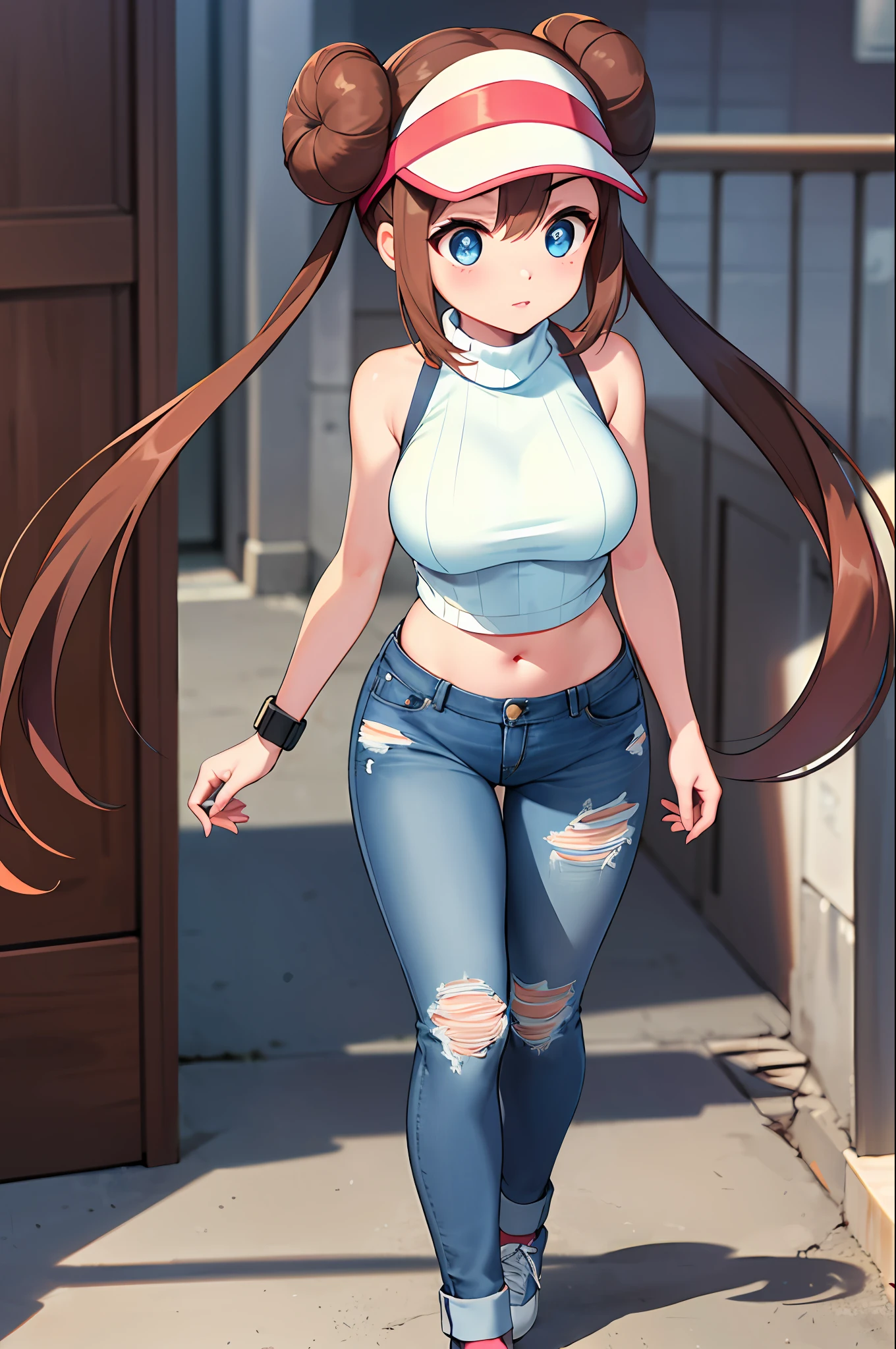 masterpiece, best quality, highres, ro1, hair bun, blue eyes, twintails, visor cap, turtleneck sweater, sleeveless, midriff, torn legwear, jeans, street, standing, walking, large breasts,