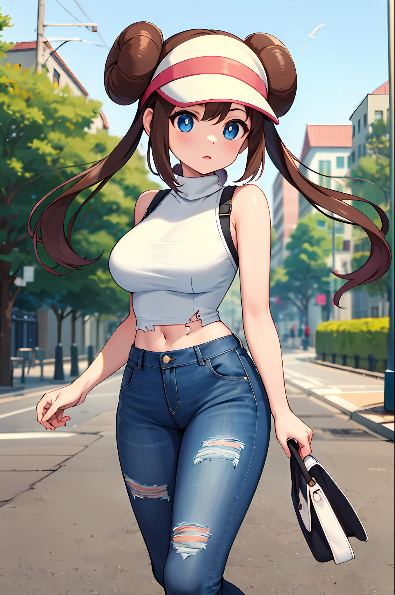 masterpiece, best quality, highres, ro1, hair bun, blue eyes, twintails, visor cap, turtleneck sweater, sleeveless, midriff, torn legwear, jeans, street, standing, walking, large breasts,