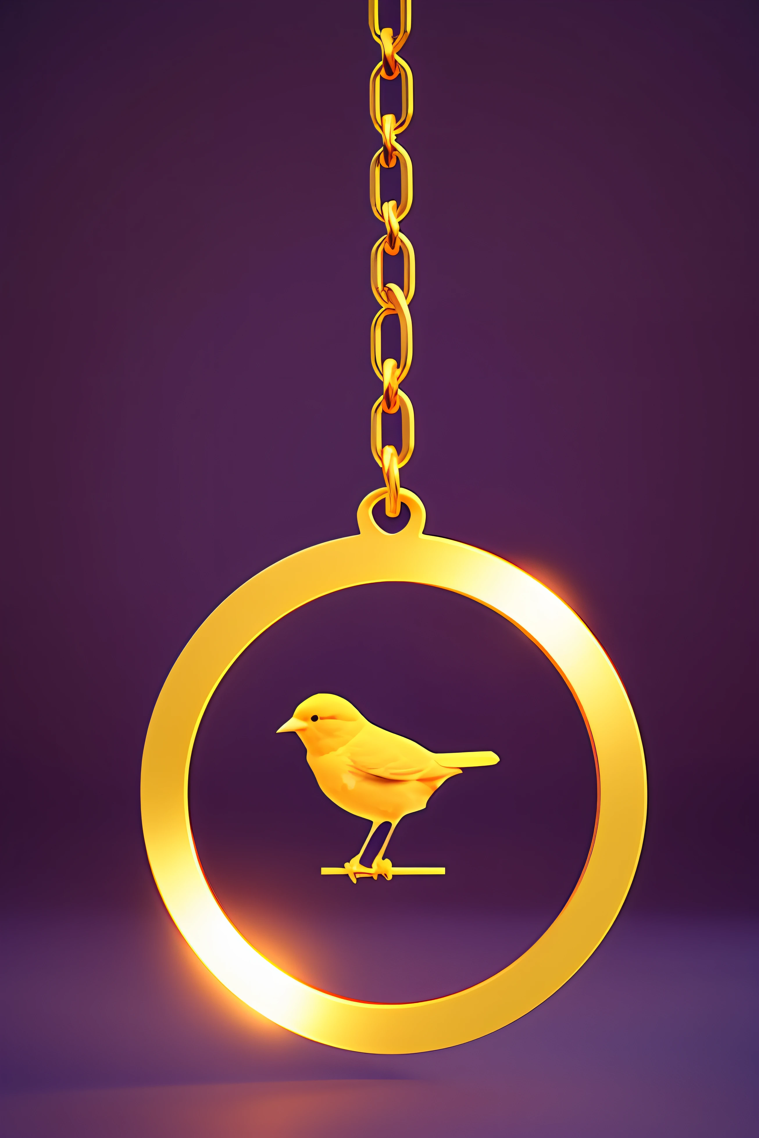 Geometric logo of a small purple bird Ultra realistic trapped in a circle of thick chains, 3d render, ultra 4K, super detalhado, cinematic and dramatic atmosphere, golden our