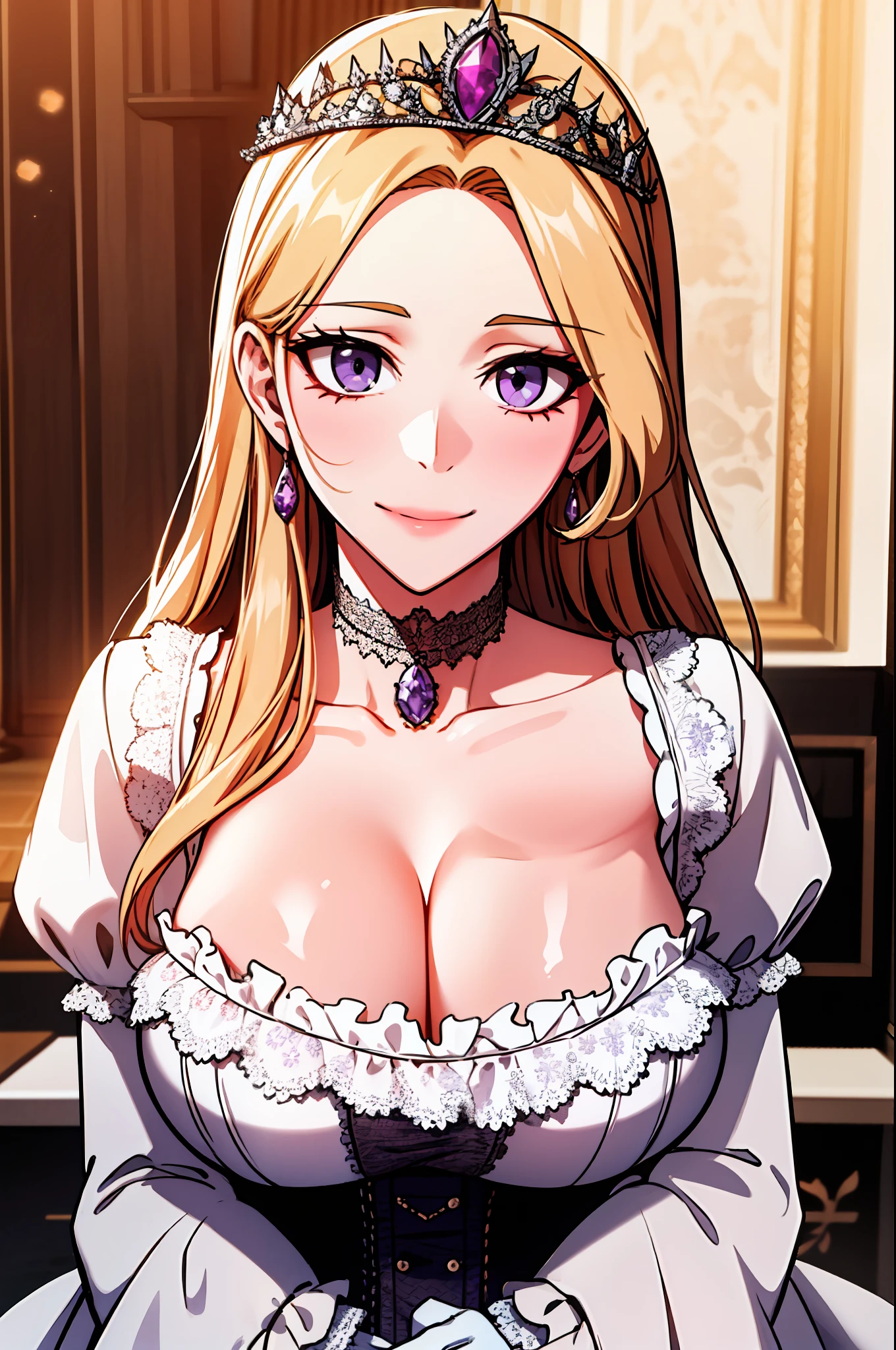 absurdres, highres, ultra detailed, (1girl:1.3), 
BREAK
, sunlight on front face,
BREAK
 (hands on own chest,deep skin:1.2), chest, gigantic breasts, looking at viewer, thick thighs, wide hips, cleavage, open shirts, royal dress, romance manhwa, blonde hair, long hair, flower, tiara, white dress, gloves, long sleeves, choker, purple eyes, white gloves, purple bow, purple flower, wavy hair, collarbone, puffy sleeves, parted bangs, frills, bangs, 
BREAK face focus from below, front view, cowboy shot,
BREAK long eyelashes, embarrassed, seductive smile,
BREAK portrait of upper body, with an extreme level of detail, accurate lighting,