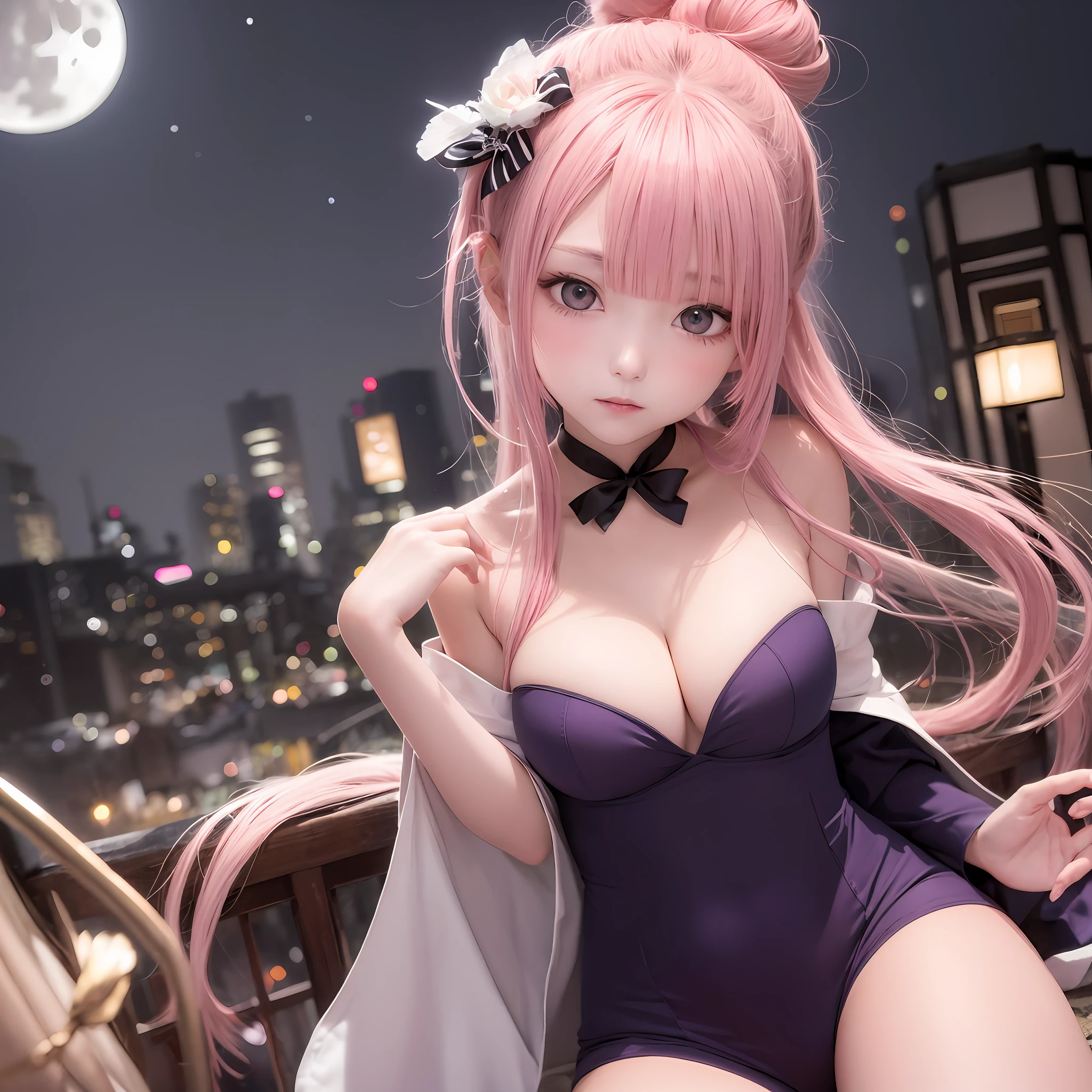 The upper part of the body、女の子1人、Pink hair、Bun hair、Large breasts、mansion、Purple Eye、校服、Ribbon Medium Breath、Japan anime-style odd eye spell, I see the moon