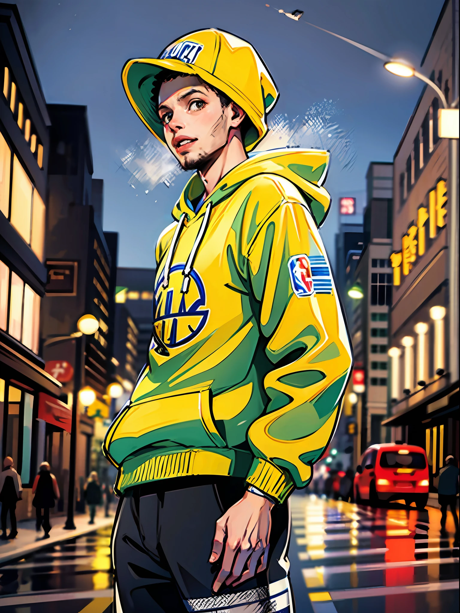 NBA superstar Steph Curry wearing a relaxed street-style hoodie, standing tall in a rainy outdoor environment with a vibrant urban backdrop.