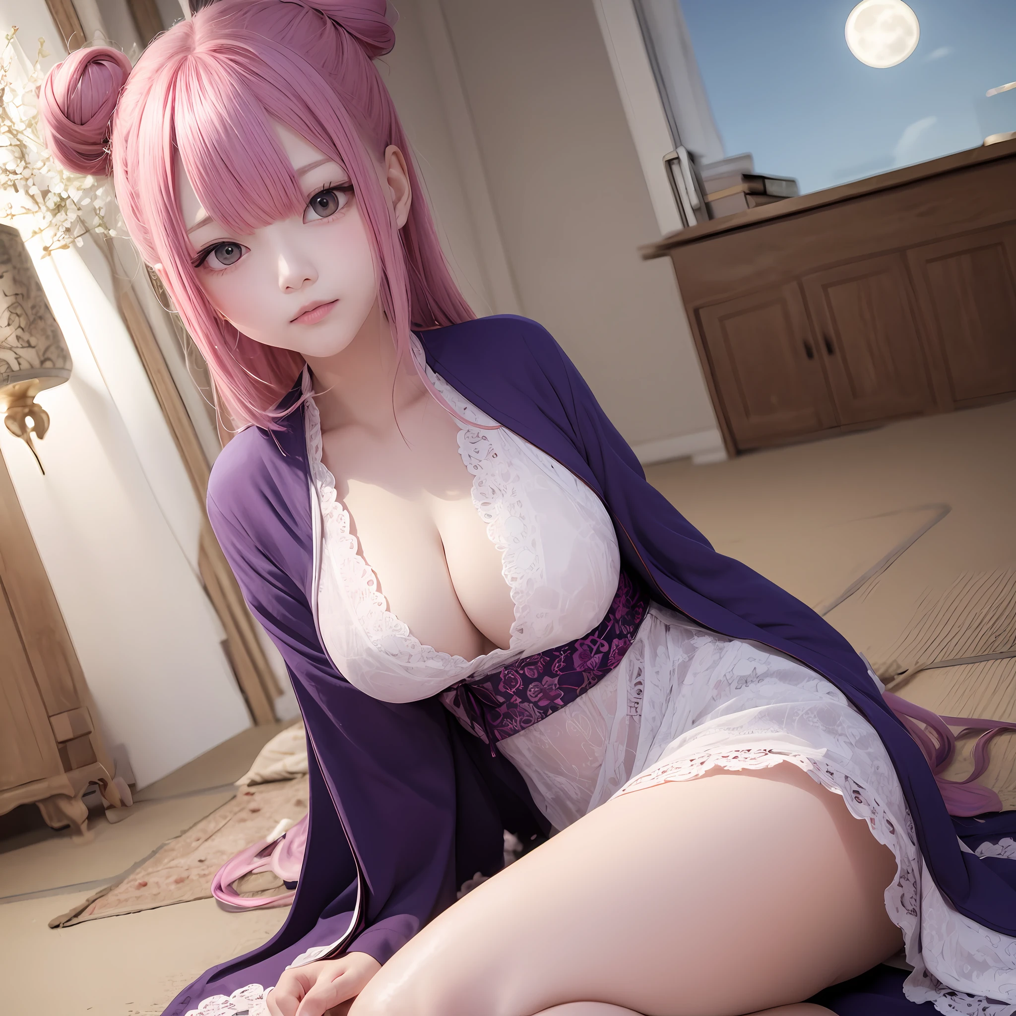 The upper part of the body、1人、Pink hair、Bun hair、Large breasts、mansion、Purple Eye、校服、Ribbon Medium Breath、Japan anime-style odd eye spell, I see the moon