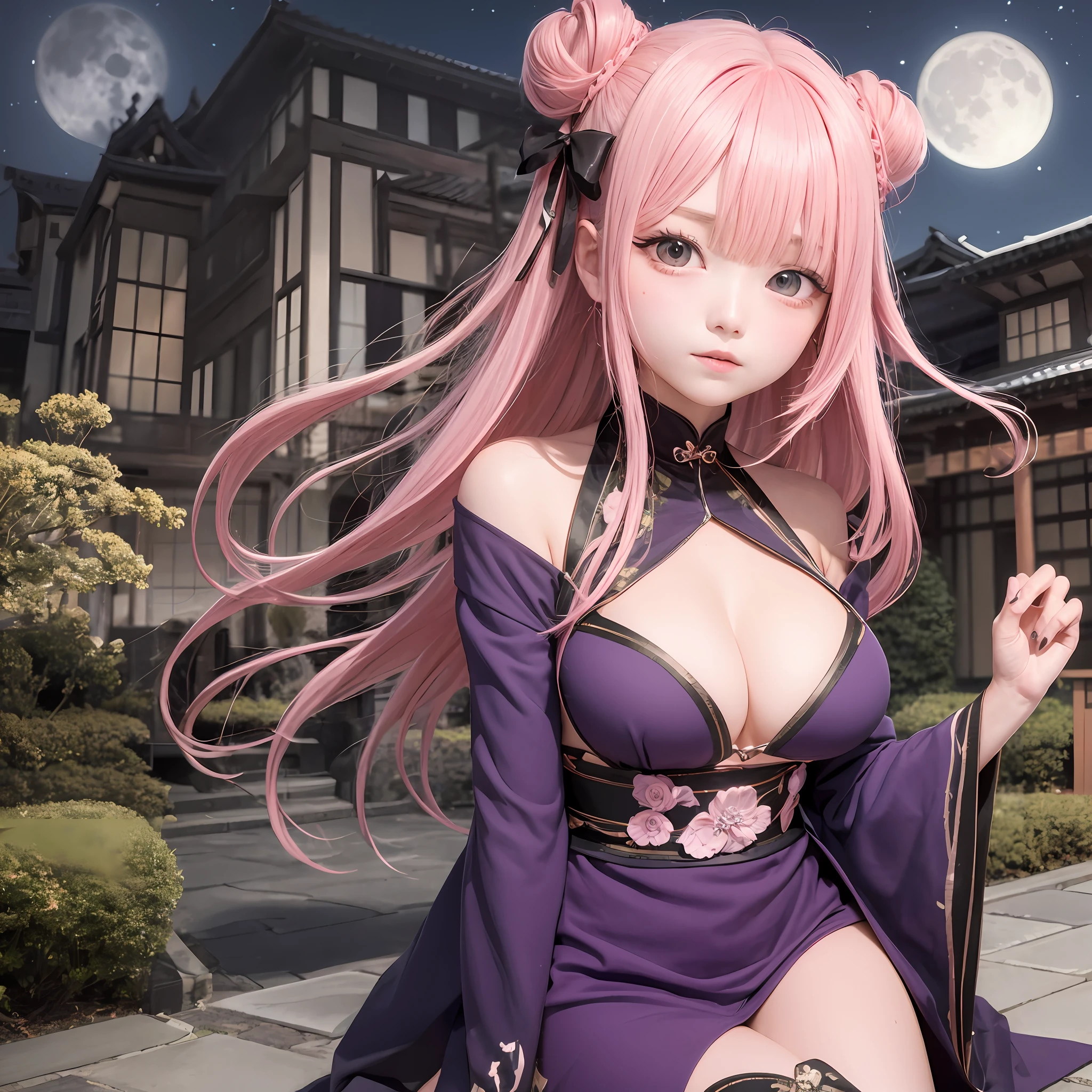 The upper part of the body、1人、Pink hair、Bun hair、Large breasts、mansion、Purple Eye、校服、Ribbon Medium Breath、Japan anime-style odd eye spell, I see the moon
