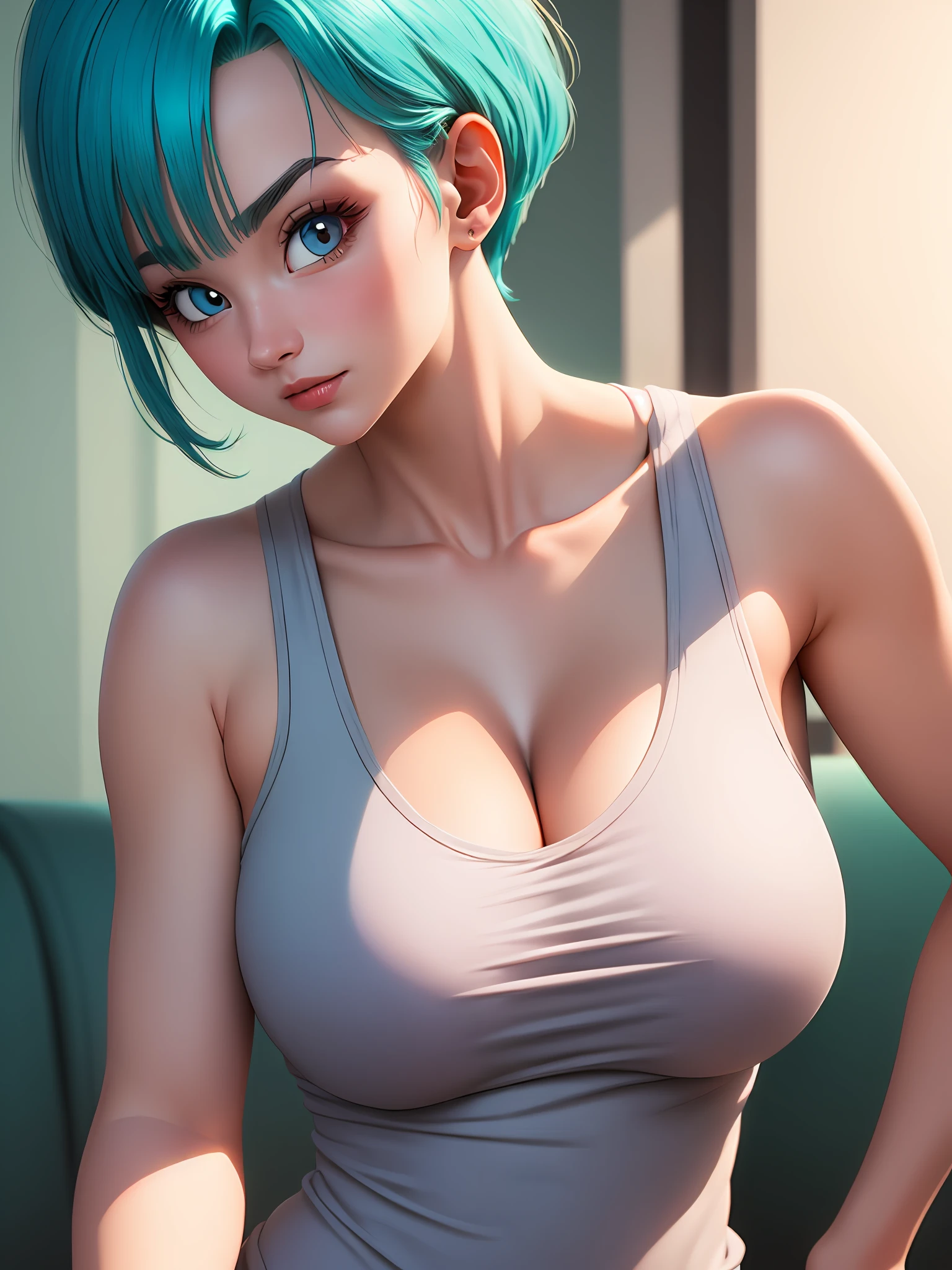 portrait closeup lone (buruma_brief_older Buruma_DBZ_Buu)1.4, (cleavage large_breasts, tanktop), standing, front view, (high detailed skin:1.2)(realistic pupils,realistic iris:1), 8k, aqua_hair