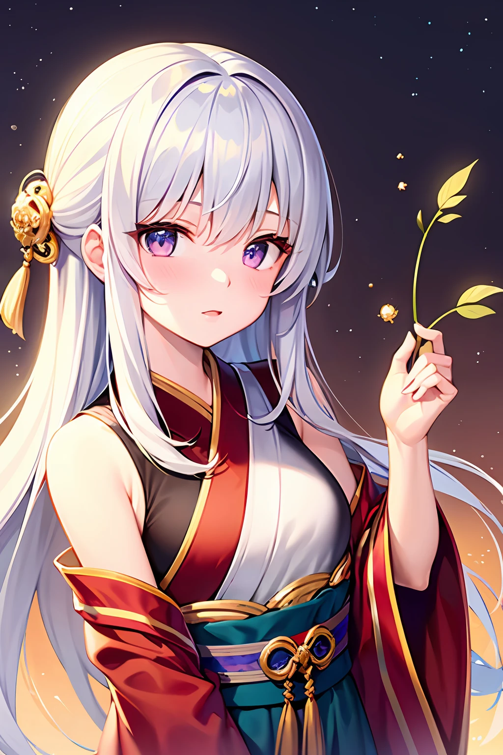 A girl with white hair and a delicate face with golden and purple eyes Hanfu
