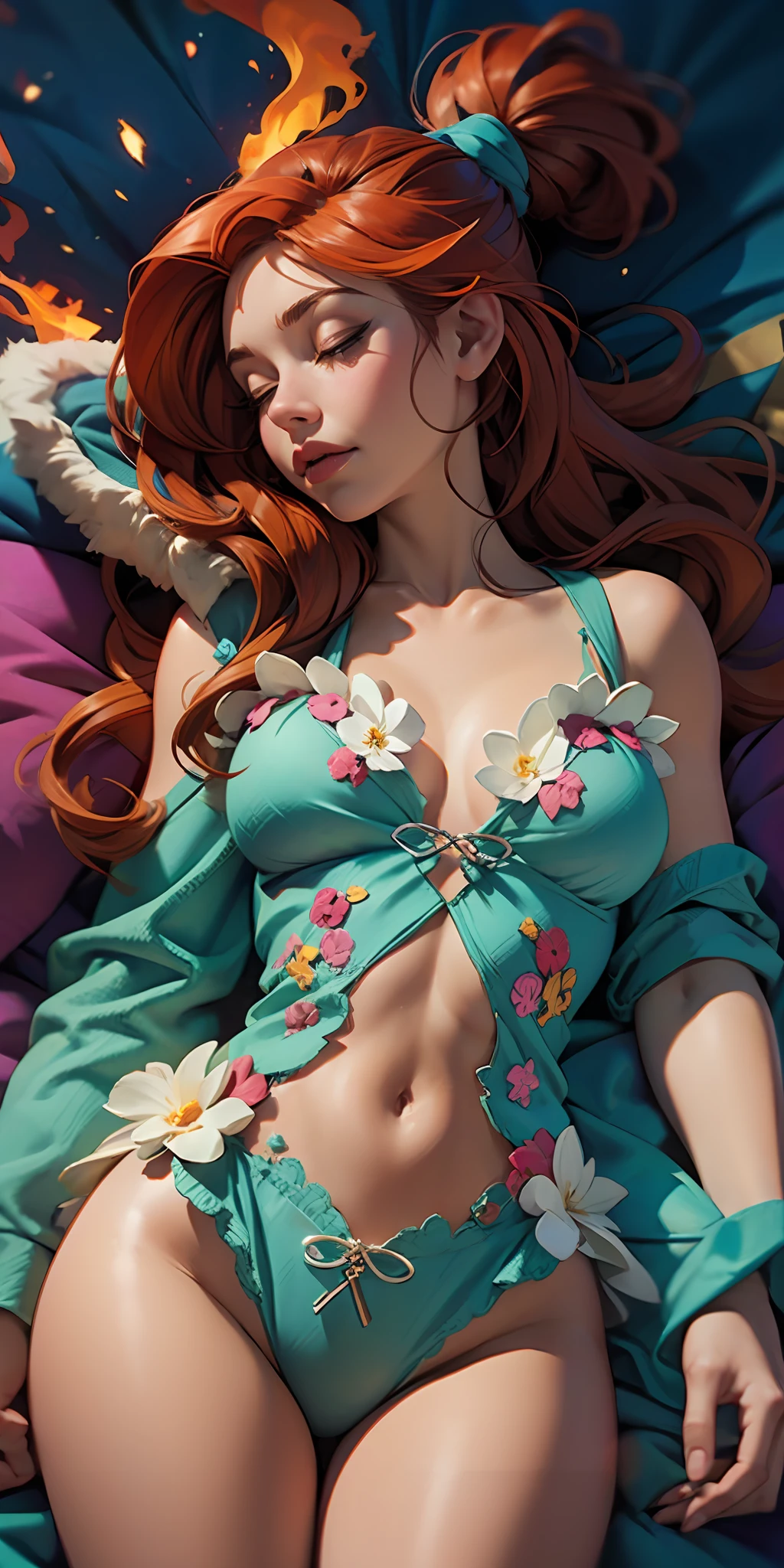 The Sleeping Woman, Realistic, She is wearing cotton pajamas, fiery hair color, parallax, Ultra Hyper Mega Contrast,