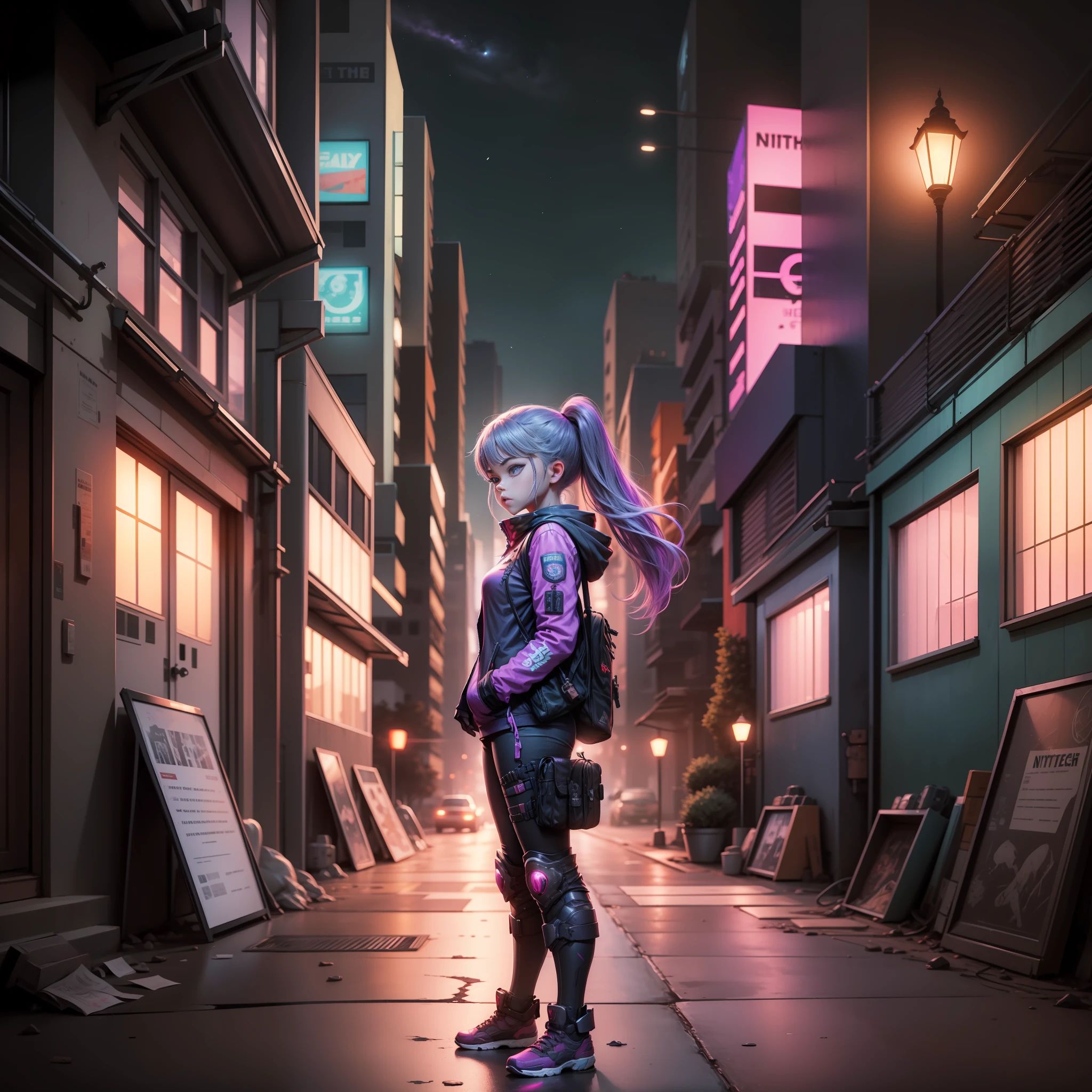 ,A girl in tactical gear stands on the top floor looking into the distance,(Light pillar light:1.2),lamp lights,Lots of red and purple,(best qualtiy),4K,(dynamic compositions:1.4),Technologie,,Cyberpunk-city,(Girl in tactical gear),(In the city at night),(Cyberpunk city interior),(the night),(the night),(city night scene),Anime comic style,Cartoon Art Style),(Young girls),