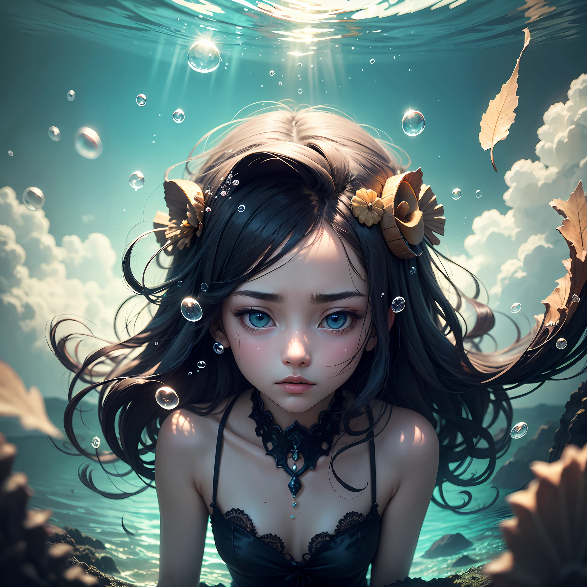 Fall to the bottom of the sea，water falling，Melancholy youth，whaite hair，airbubble，abyssal --auto