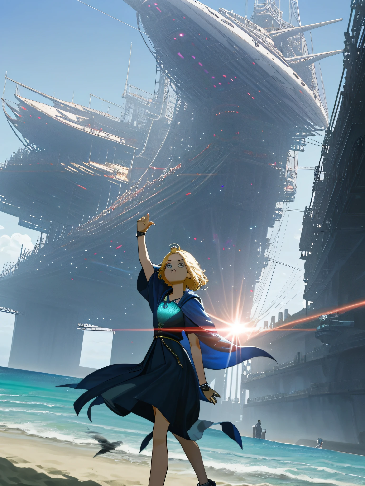 (masterpiece),Best Picture Quality,Refined face,25岁少女,Slim body,A body made of metal,small busts,Metallic structural skeleton,beachside,Stand up,sea beach,(Huge spaceship:1.2)Floating in the air,cyber punk perssonage,sci-fy,Romantic nights,with light glowing,Futuristic,Dancing widely,VFX-like special effects。
