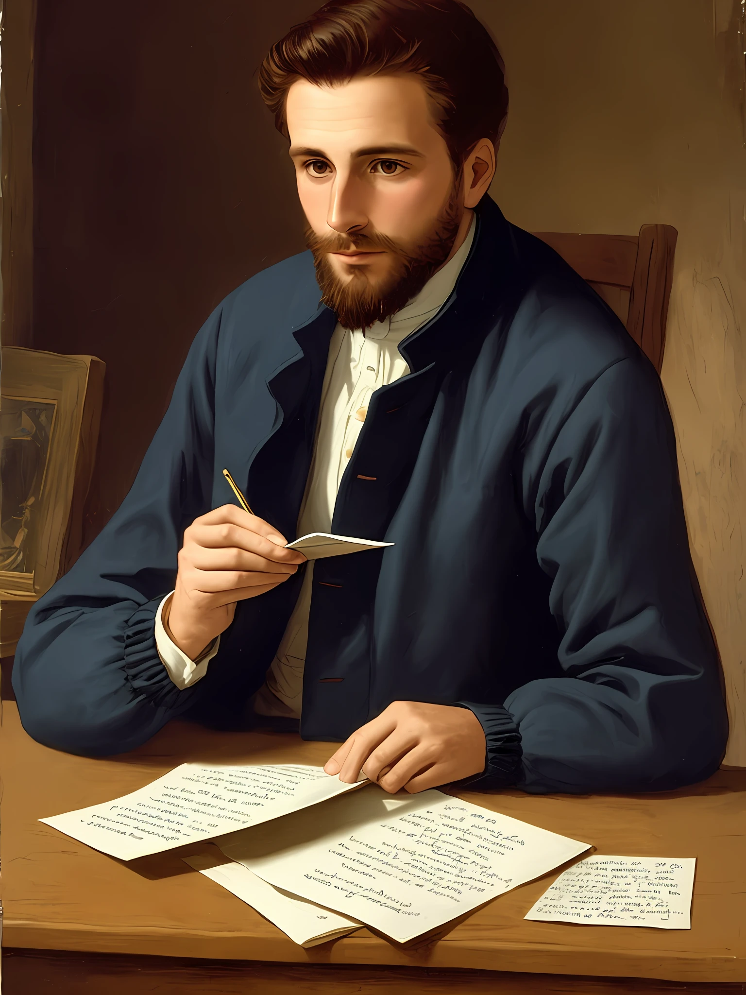 A 30-year-old royalist man from the fifth century wearing a jacket, Reading a letter carefully in an intimate and cozy environment.