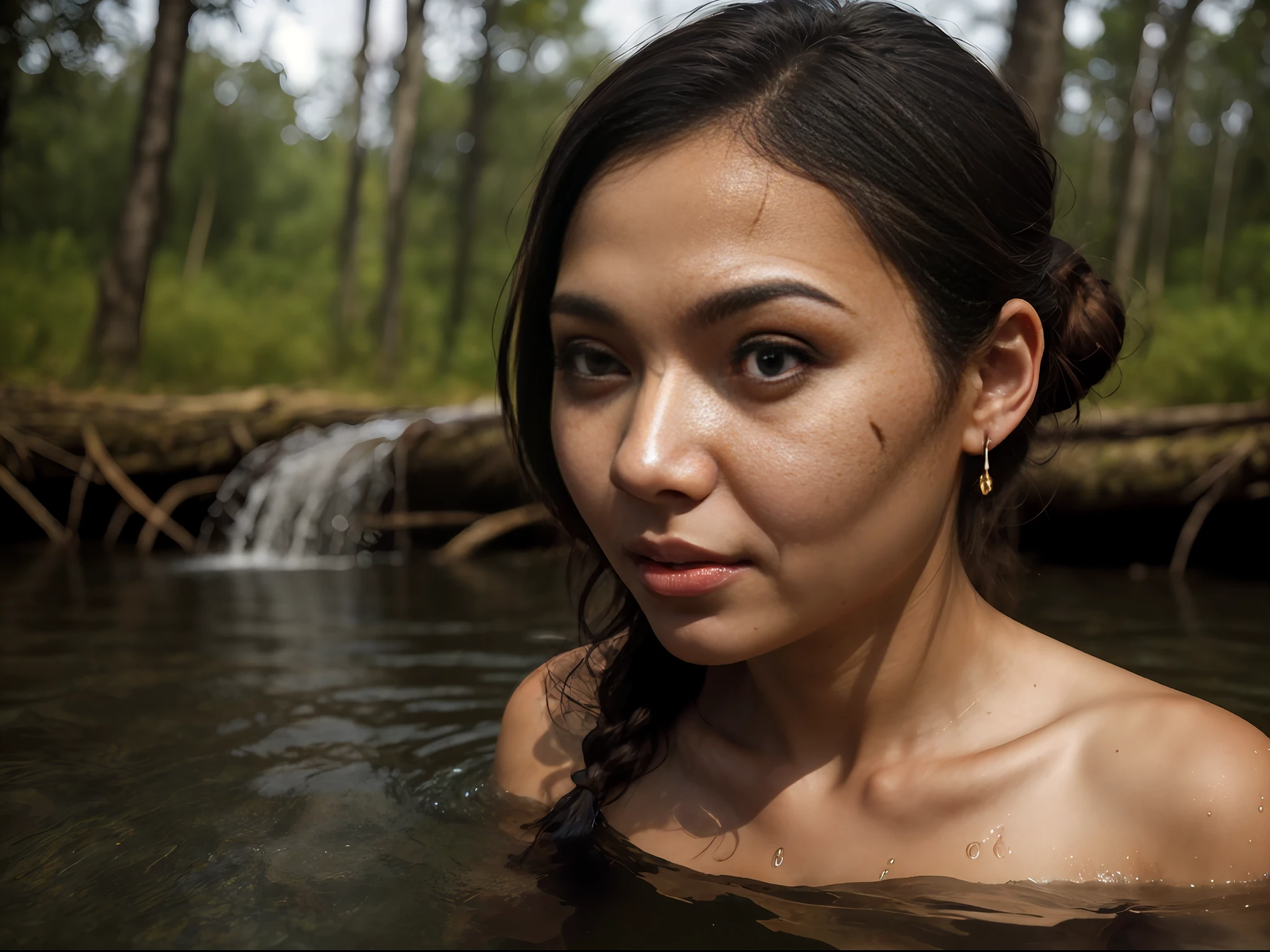 (night) with a lot of reflection of fire on the surface of the waters, epiCRealism, rain of fire, very stunning indonesian balinese girl, sunburnt ebony skin, long light straight hair, wavy at the height of the back, gray eyes, fluffy turned, ((big cheeks)), (close-up upper body:1.3), over shoulder, plump lips, detailed (wrinkles, blemishes!, folds!, moles, viens, pores!!, skin imperfections:1.2), detailed eyes, detailed face, detailed upper body, Better eyes, Better face, Better skin,
bathing in the natural, wet hair, naked in a deep lake of flames and transparent waters , only with the head and neck out of the water, gueixa eyes, 18 years old, tangled hair, messy hair, ebony lips, 8k uhd, forest in flames, river of flames, contrast, clear sky, style, (warm hue, warm tone), analog style (look at viewer:1.2) (skin texture), close up, cinematic light, sidelighting, Fujiflim XT3, DSLR, 50mm, topless woman, puffies, dark mysterious forest in flames, thick fog, menacing eyes, long hair, blunt bangs, hair bun, twintails, double bun, sidelocks, clothed bathing, girl floating above the water, forest in flames in background