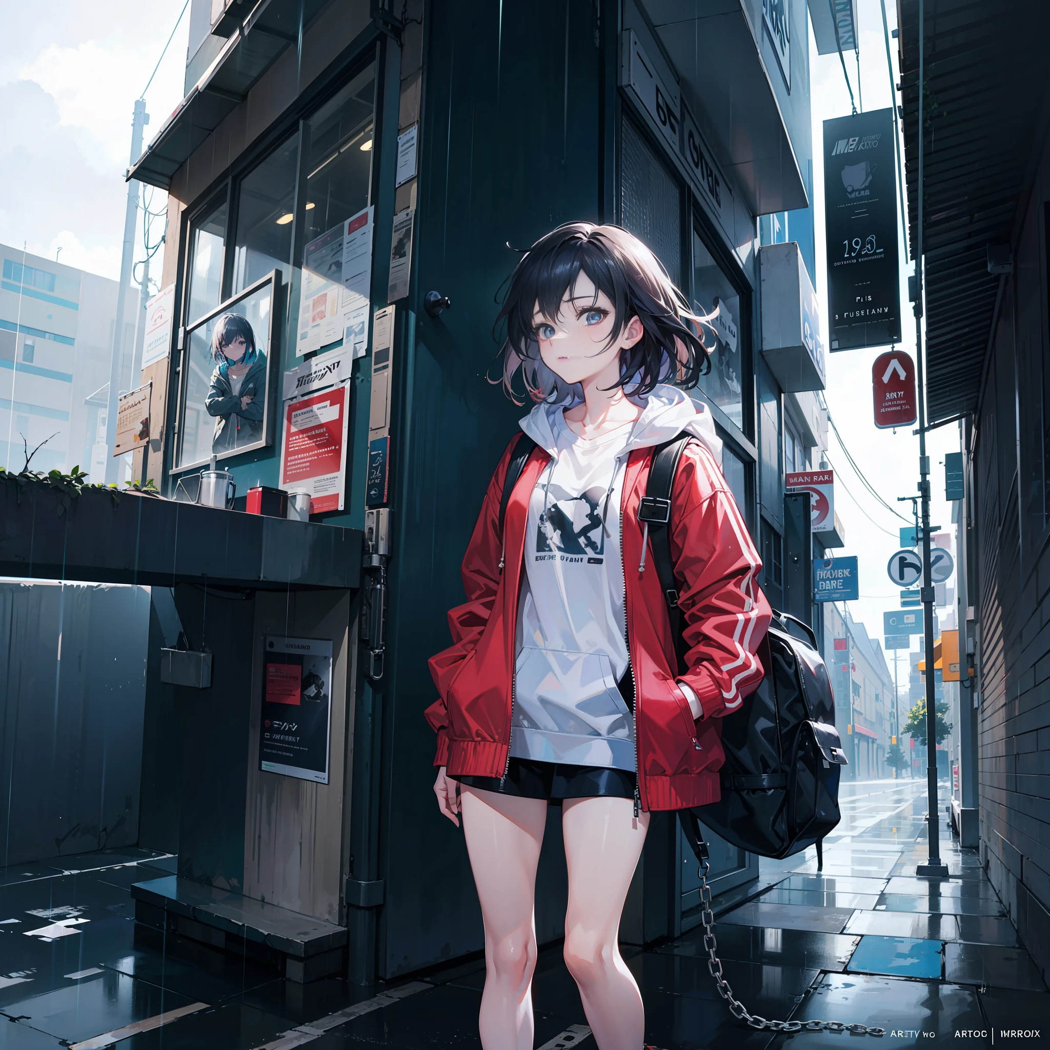 1girl, jacket, rain, outdoor, hoodie, open jacket, chain, backpack, looking at another, messy hair, trending on artstation, 8k resolution, highly detailed, anatomically correct, sharp image, digital painting, concept art, trending on pixiv, style of makoto shinkai,
