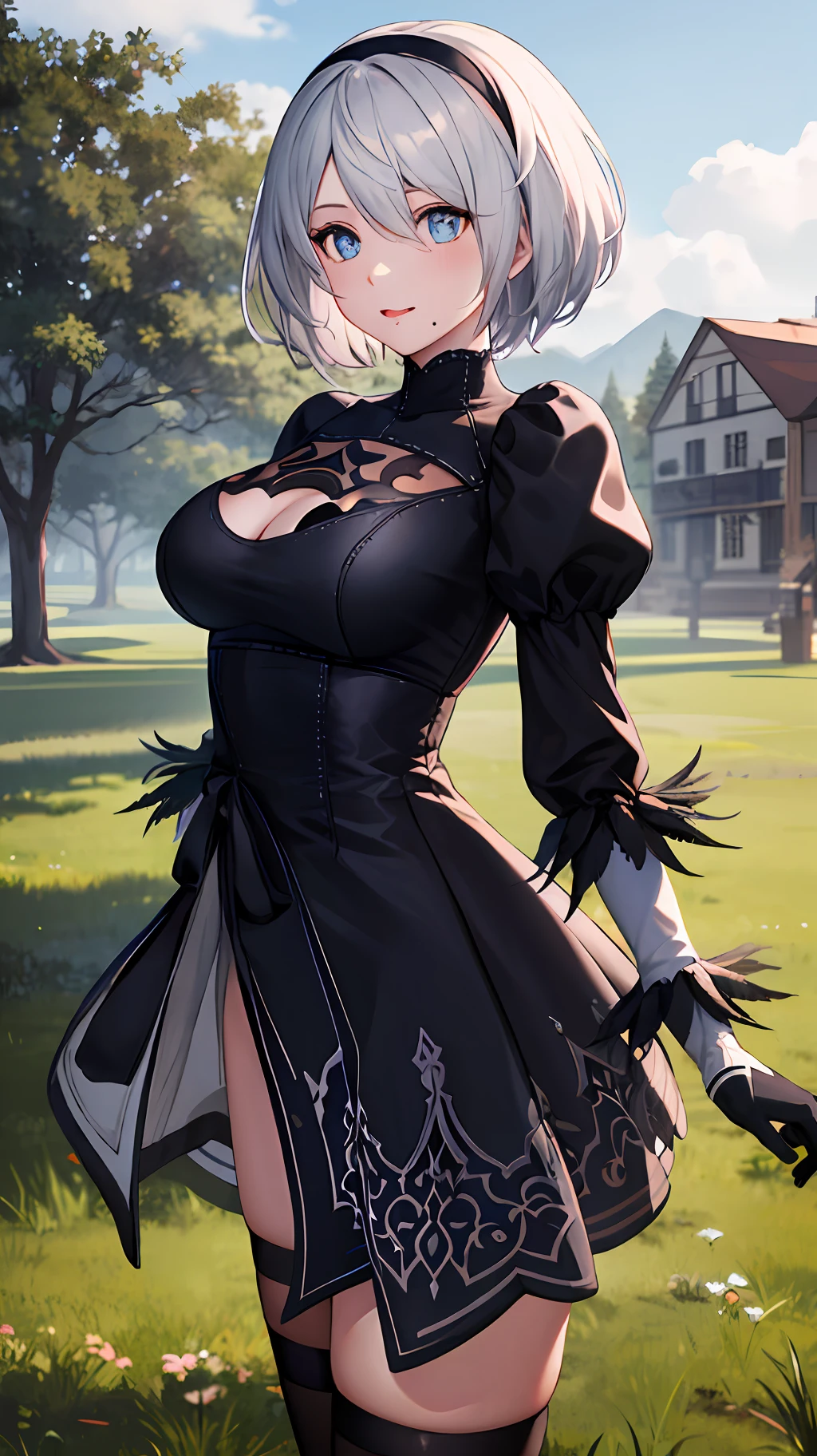 masterpiece, best quality, highres, hm2b, blue eyes, mole under mouth, clothing cutout, long sleeves, puffy sleeves,  juliet sleeves, feather trim, black thighhighs, black gloves, black dress, black skirt, cowboy shot, standing, outdoors