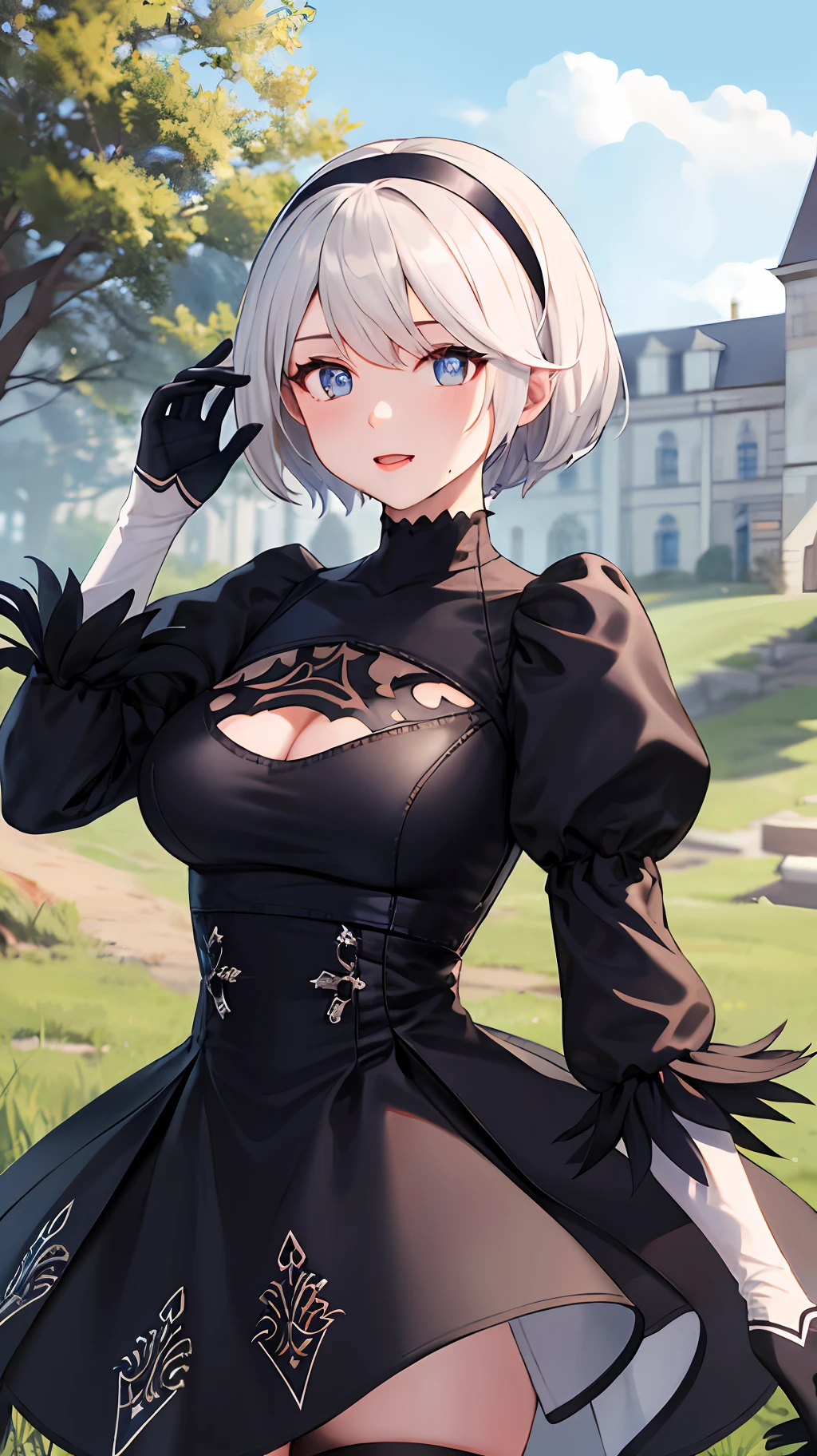 masterpiece, best quality, highres, hm2b, blue eyes, mole under mouth, clothing cutout, long sleeves, puffy sleeves, juliet sleeves, feather trim, black thighhighs, black gloves, black dress, black skirt, cowboy shot, standing, outdoors