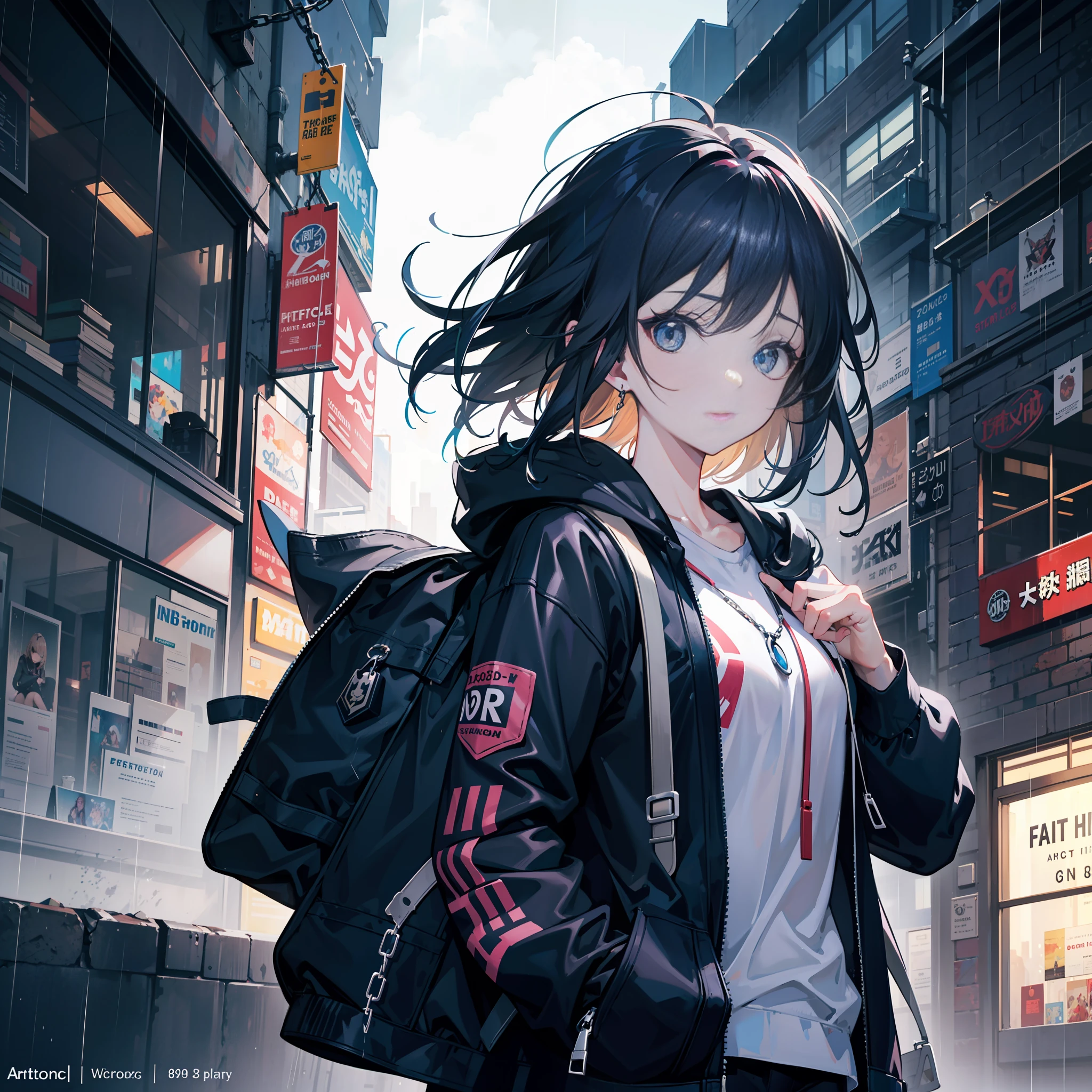 1girl, jacket, rain, outdoor, hoodie, open jacket, chain, backpack, looking at another, messy hair, trending on artstation, 8k resolution, highly detailed, anatomically correct, sharp image, digital painting, concept art, trending on pixiv, style of makoto shinkai,