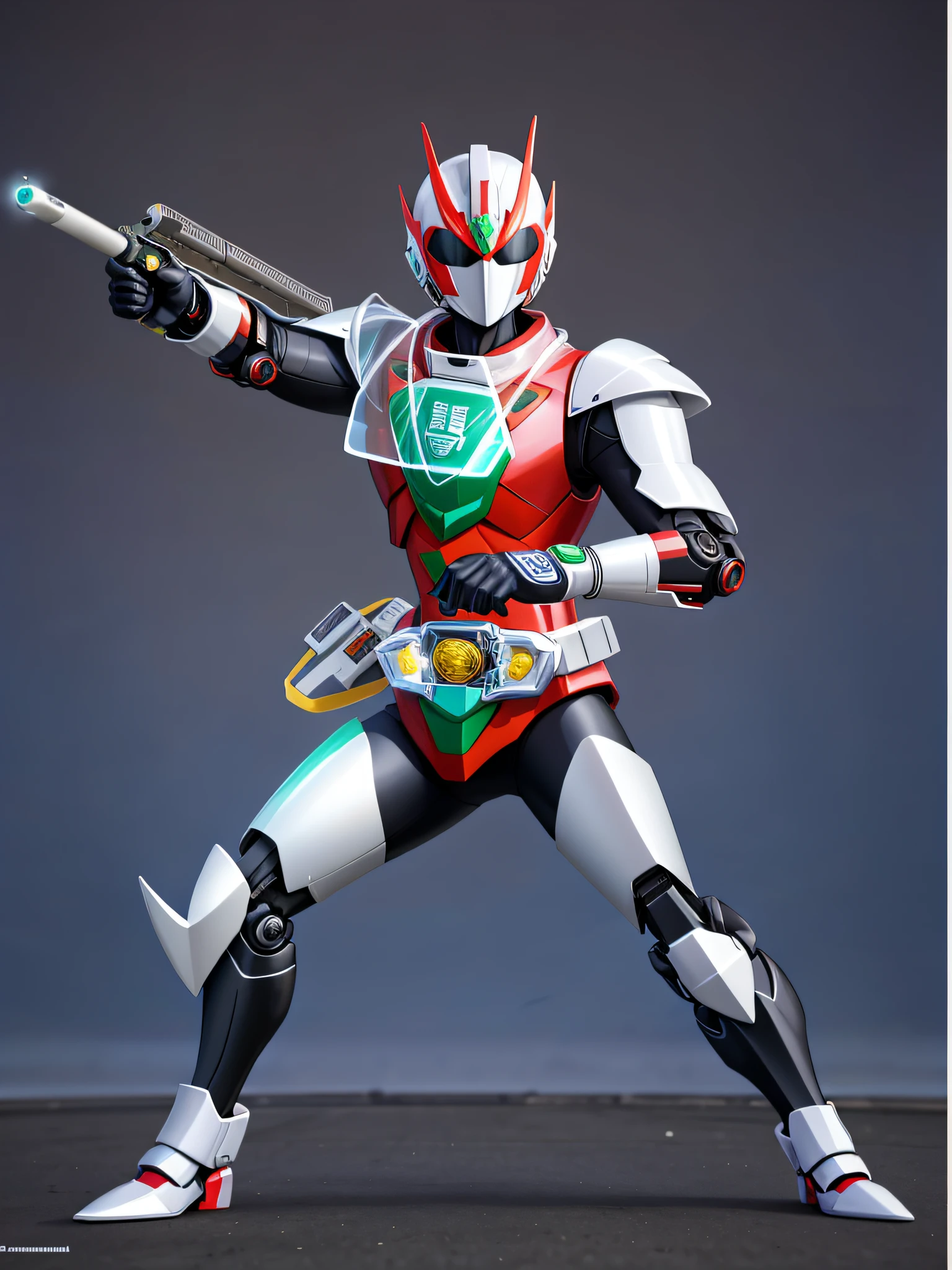 um close up de uma pessoa em um traje vermelho e branco, Tokusatsu terno vaporwave, cyber japan armor, Tokusatsu, Samurai Jetstream Sam, Fourze, cyber fight armor, cyber japan style armor, the secret seventh power ranger, Kamen Rider personagem, kamen rider action pose, battle action pose, Energy Dynamic Pose, cybertronic robot, pose de ataque
