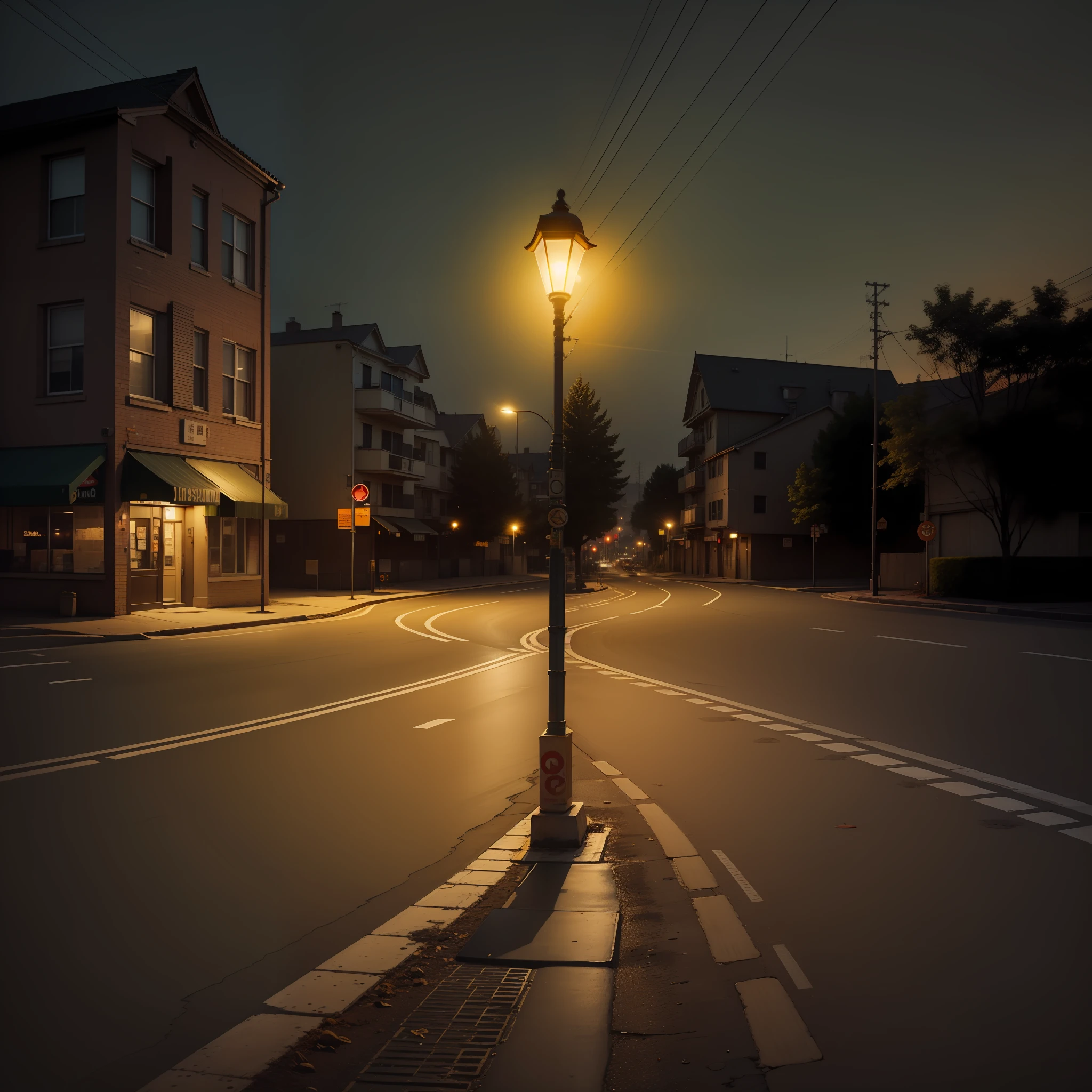 There is no one on a road at midnight, warm yellow tones, there is an intersection, but I can only see the corner of the intersection, and on the edge of this intersection stands a street lamp, the location of the street lamp is in the right half of the picture, the street lamp is the main body, there is a strong light and shadow from the road and so on to the ground, behind the intersection, there are some old-fashioned residential buildings, the windows inside the building are lit a few messily, and the background behind it is dim