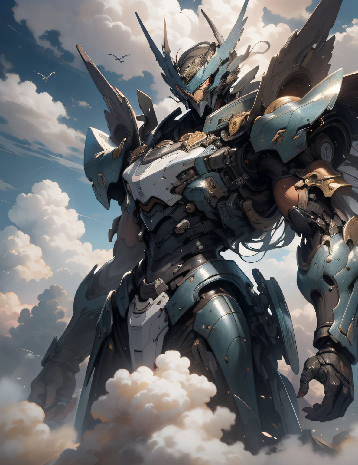 ((Best Quality)), ((Masterpiece)), (detailed), with mecha mask, handsome mask, detailed mask, giant mech, super huge, castle, perched on clouds, (fantasy illustration: 1.3), captivating gaze, otherworldly charm, mysterious sky, (Luis Royo: 1.2), (Yoshitaka Amano: 1.1), moonlit night, pastel colors, (detailed cloud view: 1.3), (high resolution: 1.2), 8K