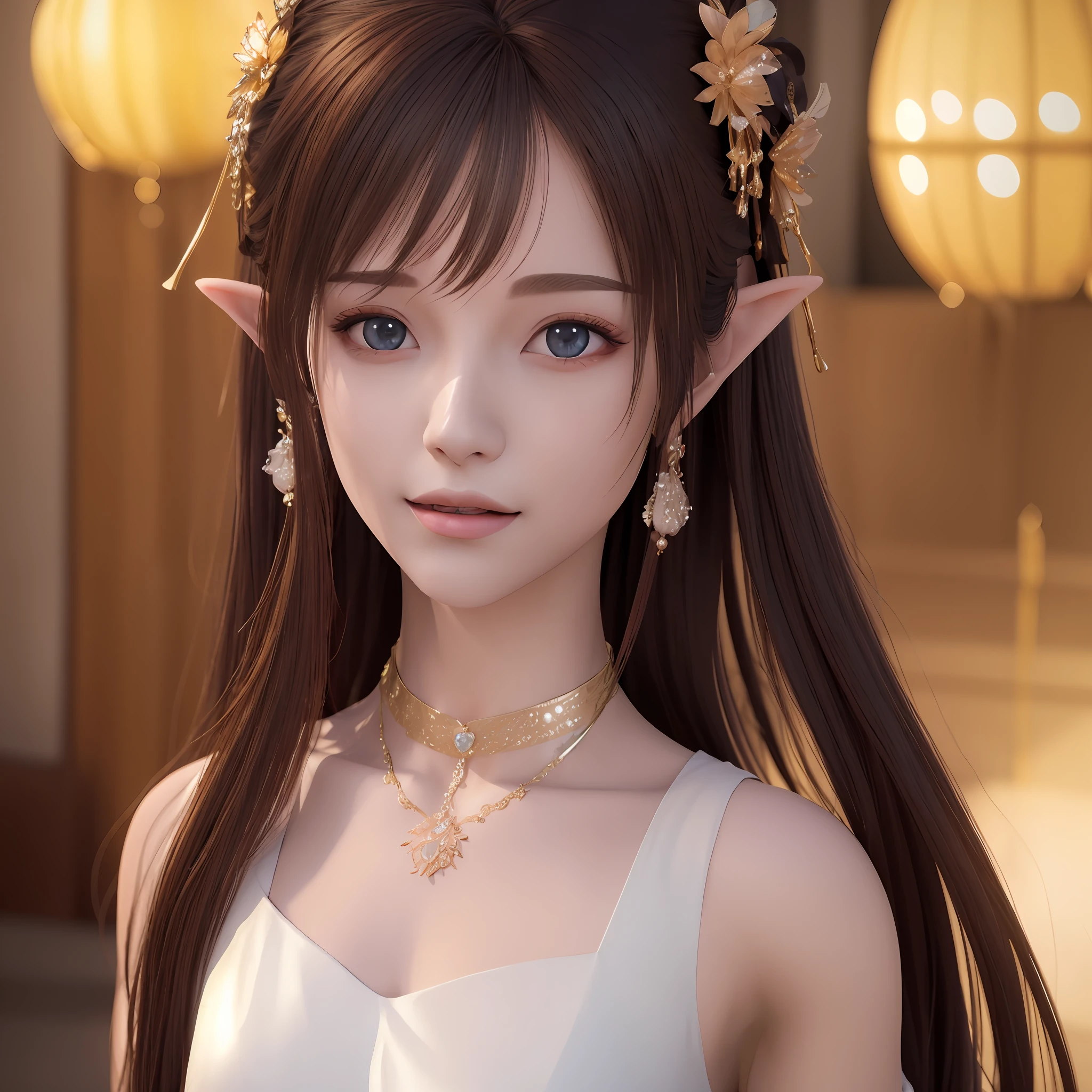 Long hair anime girl wearing white dress and gold jewelry, 3 d anime realistic, Realistic anime 3 D style, 3 D rendering character art 8 K, beautiful and elegant elf queen, anime styled 3d, photorealistic anime girl rendering, beautiful and elegant female elf, Rendu portrait 8k, elven character with smirk, Elf Princess, trending on cgstation