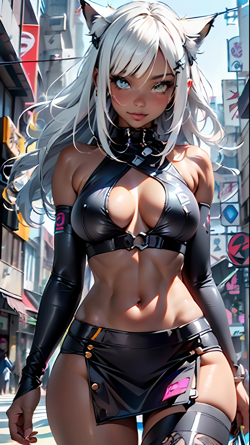 dark skin,very dark skin,dark_skin,
girl rave,(1girl:1.3),((anime girl with extremely cute and beautiful white hair walking seductively down the street)),

(large breasts:1.4),saggy breasts,(((white hair:1.35, straight hair, long hair:1.4, colored inner hair,ear breathing))),((very light yellow eyes:1.3,upturned eyes:1.3,perfect eyes,beautiful detailed eyes,gradient eyes:1,finely detailed beautiful eyes:1,symmetrical eyes:1,big highlight on eyes:1.2)),(fat:1.2),((((black girl, black skin, dark-skinned_female, dark skin:1.3, ebony skin,lustrous skin:1.5,bright skin: 1.5,shiny skin,very shiny skin,shiny body,plastic glitter skin,exaggerated shiny skin, shiny skin like ebony))),(spider lower abdomen,narrow waist,wide hip,athletic body,inflated legs,delicate detailed fingers,detailed body,detailed arms,human hands, detailed hands),

cute,slutty,seductive,erotic,nsfw, 

zettai ryouiki,revealing clothing,show skin,((rave shirt with an orange print, rave mini-skirt,visible thong straps)),(wearing a rave outfit:1.3,rave clothes,semi-naked,with little clothing,),(detailed outfit,detailed clothes),

(dynamic pose:1.0),solo focus,((mischievous smile)),centered,scale to fit dimensions,Rule of thirds,

outdoors,(cyberpunk Background: 1.5, detailed background:1.25),sunny day, clouds

(Isometric: 1.0),double exposure,(masterpiece,best quality:1.3),(highres:1.5), absurdres,ultra detailed,cinematic light,realistic,ultra-realistic,high contrast,extraordinarily nice,vibrant colors,(intricate),HDR (High Dynamic Range),Ray Tracing,NVIDIA RTX,Super-Resolution,Unreal 5,Subsurface dispersion,PBR texture,Post-processing,Anisotropic filtering,Depth of field,Maximum clarity and sharpness,Multilayer textures,Albedo and specular maps,Surface shading,Accurate simulation of light-material interaction,Octane Render,Two-tone lighting,Wide aperture,Low ISO,White balance,8K RAW,Saturation