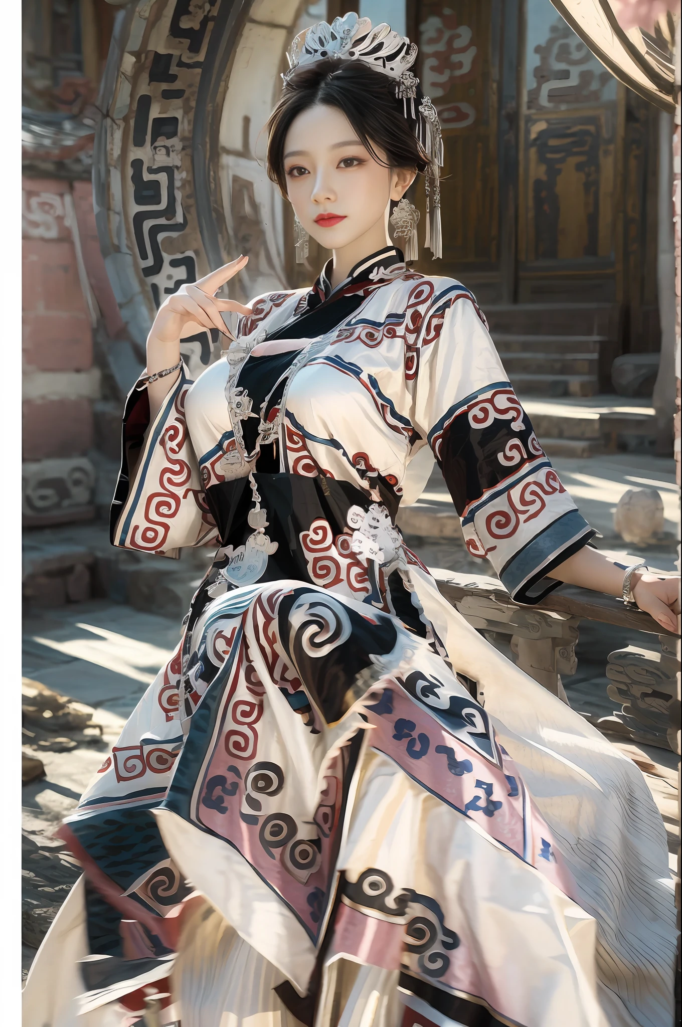zhongfenghua, 1girl huge large breasts,On the steppe,Cows and sheep as the background, Pink hanfu,Black is the base color, Ancient_Chinese_architecture, flower field, blossoms, (White smoke:1.3) (realisticlying:1.4), Zen entanglement, a Mandala, entangled, offcial art, Unity 8k wallpaper, hyper detailled, Beautiful and beautiful, masterpaintings, Best Quority, (dynamic angle:1.4), Glowing skin, (Floating colorful flashes:1)The most beautiful form of chaos,gracefully,Fauvistdesign,Vivid colors of,Romantic depth of field exotic_Dance
