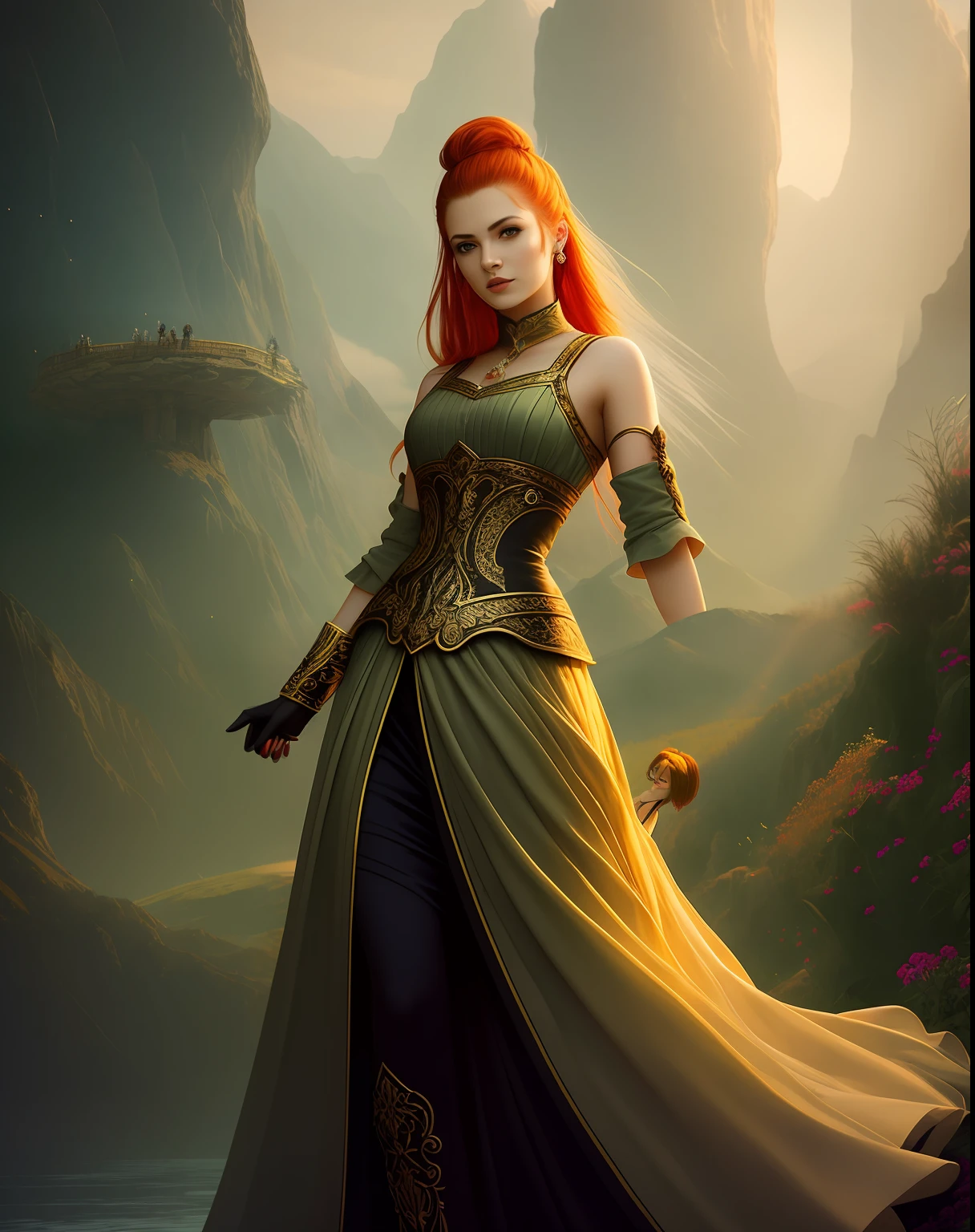 Beautuful Women,Yellow-skinned,red hair,standing on top of a mountain