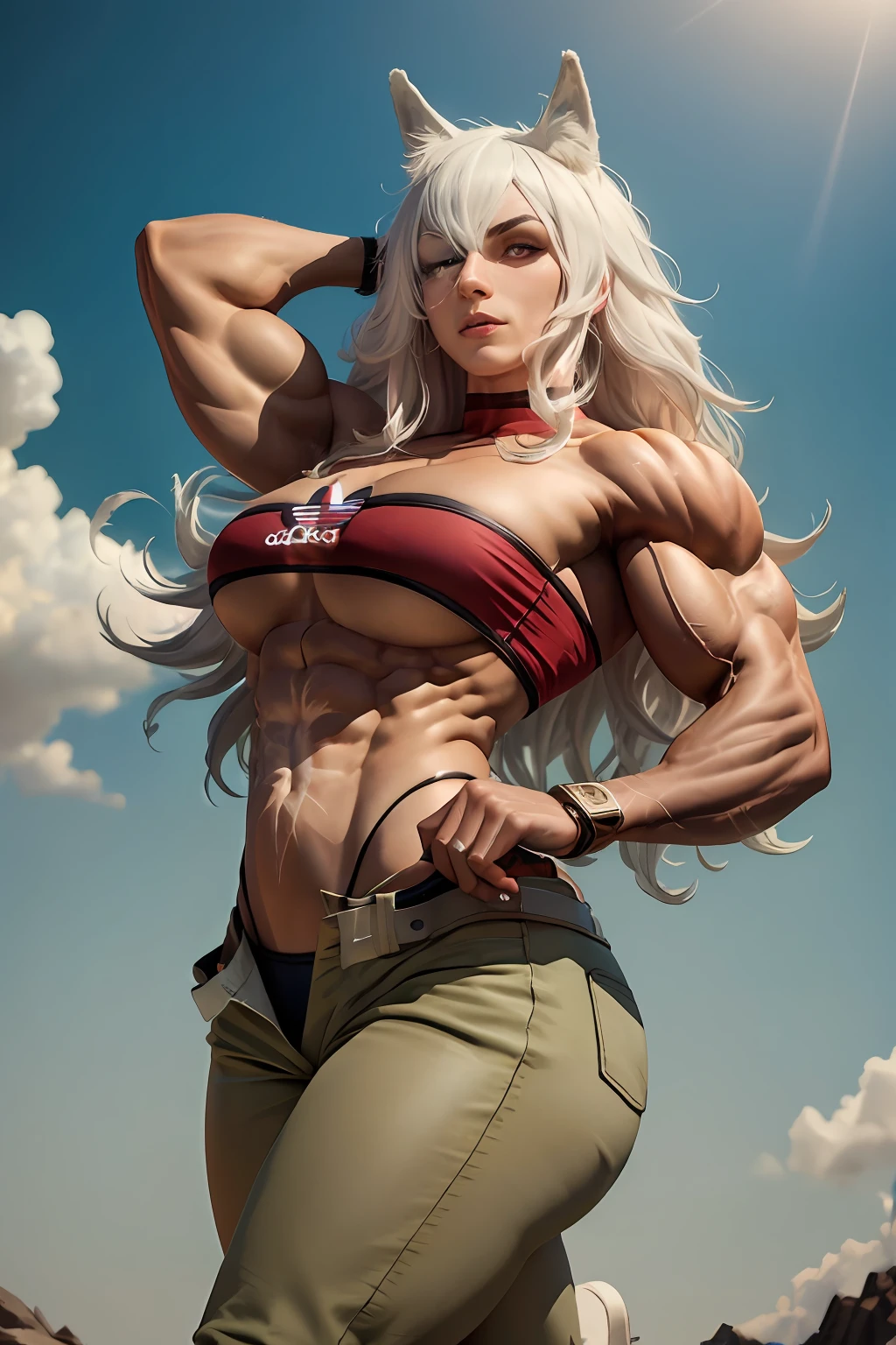 Ghislaine muscular_cogumelo_tensei 1 giant muscle girl concentrating red magic on fist Improved physique, increased muscle mass and strength, (figura semelhante a deusa:1.2), well-defined muscles throughout the body, (peito amplo, toned legs and rounded buttocks:1.1), radiant and empowering presence, confidence exuding from his expression, (Traje revelador:1.2), mal cobrindo sua forma, Displaying your sculpted physique, Aura hipnotizante, brilho divino, (cativantes olhos verdes:1.2), flowing hair, adornos reais, Mythical setting, ethereal clouds, Sacred symbols, atmosfera celestial, captivating lighting, energia intensa, punho fechado socando, poderosa Ghislaine, (((russian hard bass , adidas clothes)))