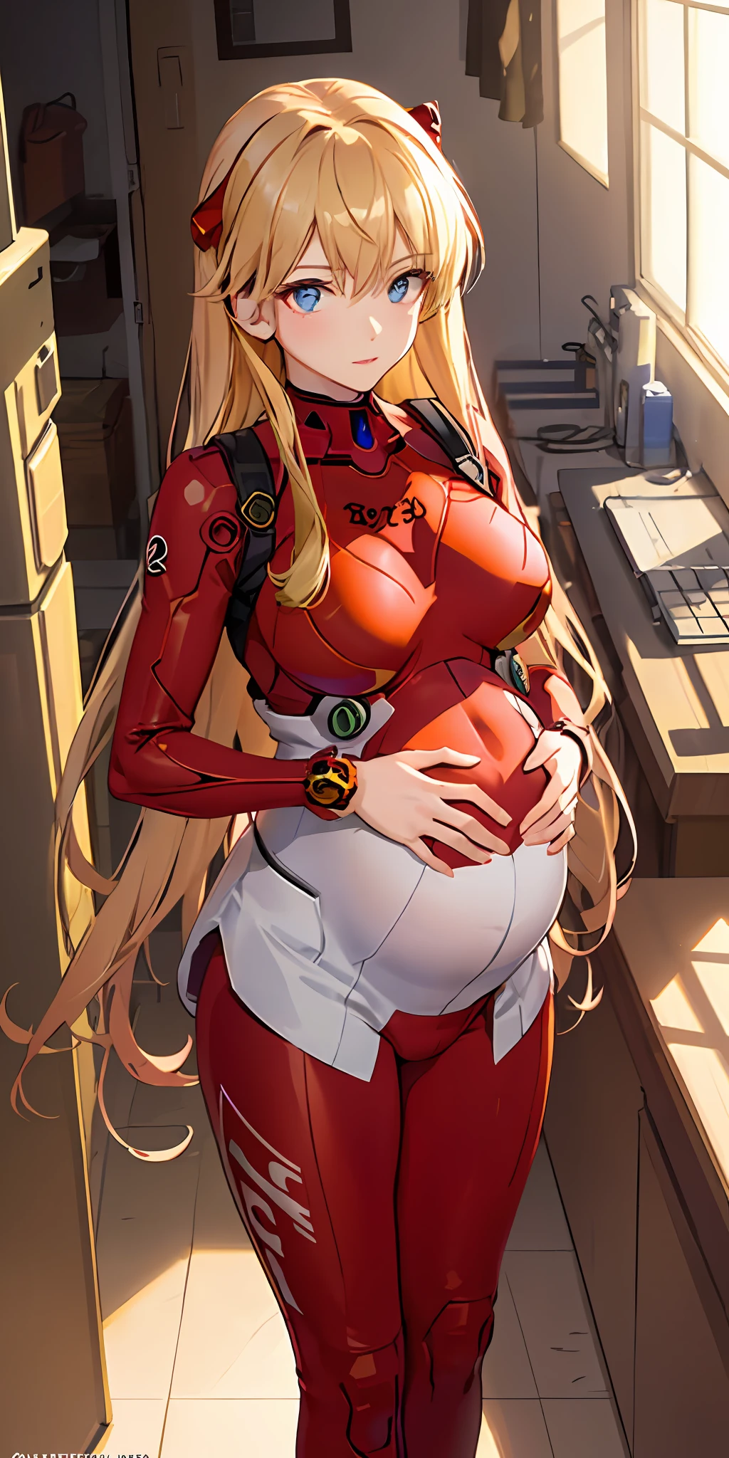 (Overhead view),dynamic angle,ultra-detailed, illustration, close-up, straight on, 1girl, 
 ((souryuu asuka langley, interface headset, red bodysuit:1.4, blonde)),Her eyes shone like dreamy stars,(glowing eyes:1.233),(beautiful and detailed eyes:1.1),(expressionless,closed mouth),(standing), ass up showing ass
(mechanic room with toolsand spaceship windowin a white SPACESHIP),
(night:1.2),dreamy, [[delicate fingers and hands:0.55]::0.85],(detail fingers), crop top, camel toe, big breasts, (pregnant: 0.6)