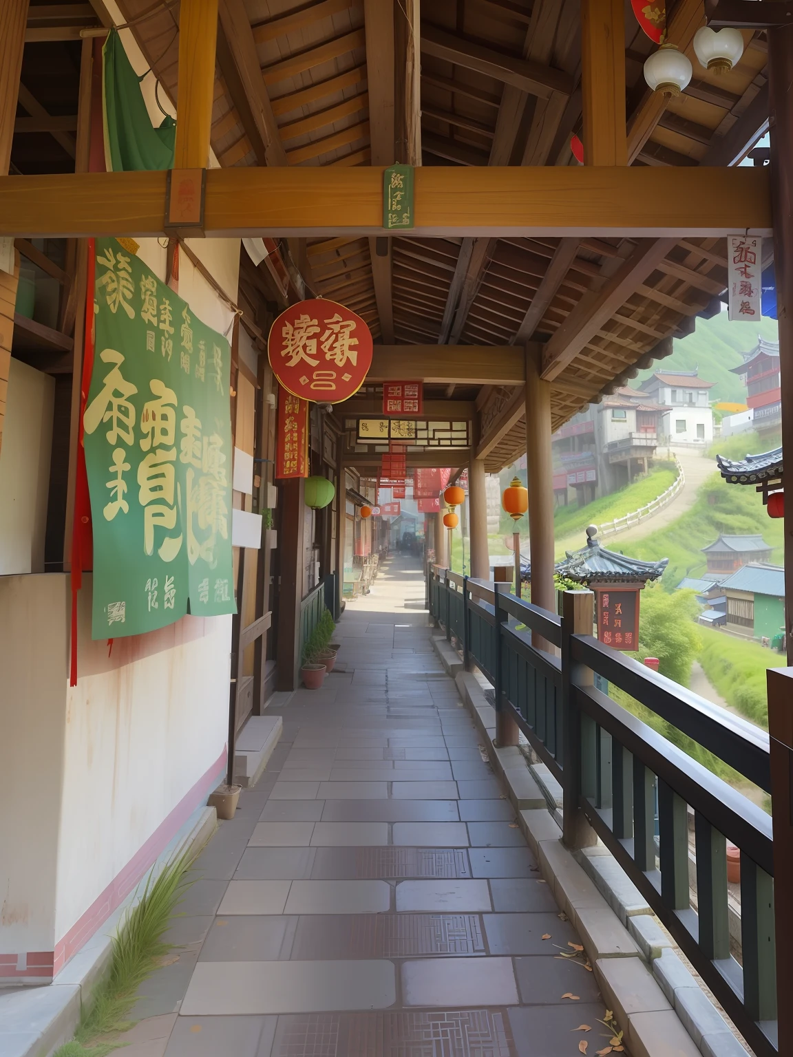 There is a walkway,There is a sign on it,It says no parking, Chinese village, like jiufen, in a narrow chinese alley, old asian village, walkway, ancient city streets behind her, footbridges between houses, Village, Old village, qiangshu, dreamy Chinese towns, Chinese architecture, Ancient Chinese architecture, Old town