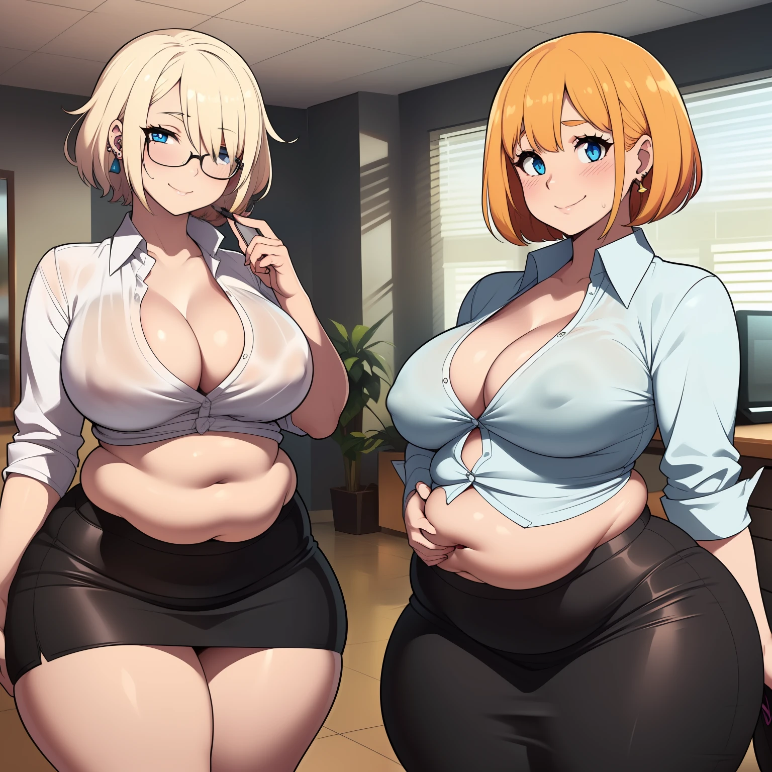 (((kipteitei art))), ((masterpiece)), (((best quality))), ((ultra-detailed)), (((illustration))), detailed face, detailed body, ((2girls)), ((Line art)), (in the style of cell shaded), (vivid colors), ?????????????, blonde hair, hair over one eye, (((fluffy hair))), looking at viewer, blue eyes, blush, smile, happy, cute, ((aroused)), ((formal shirt)), ((pencil skirt)), (((tight skirt))), (((tight clothes))), ear piercing, ?????????????, cleavage, sagging ???????, (((((wide ????))))), ((((((thick thighs)))))), (((curvy))), (Plump), (chubby belly), ((fat rolls)), she has a jiggly belly, ((((belly grab)))), ((office)),