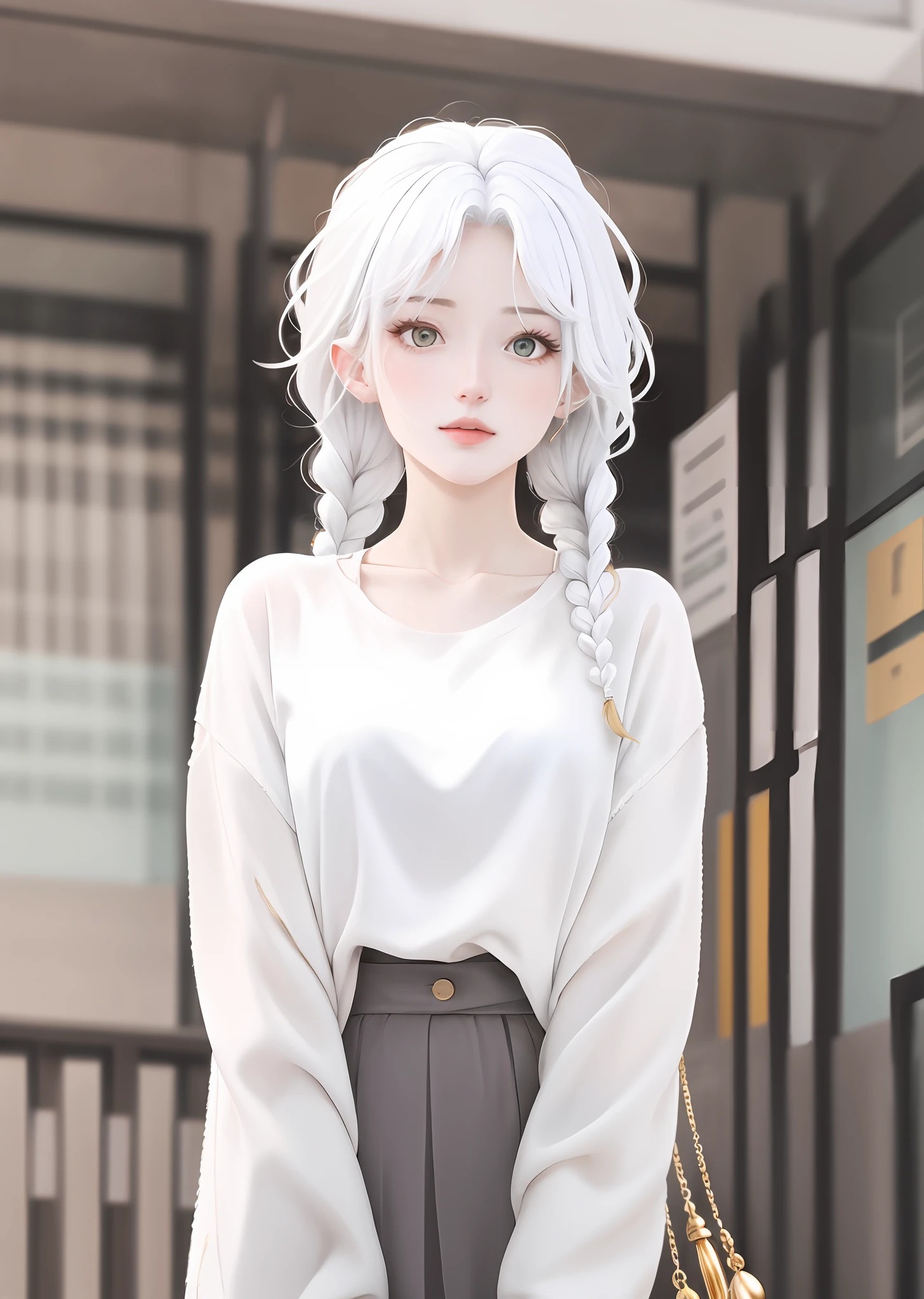 best quality, masterpiece,white hair, gold eyes,white clothes, looking up, upper body,hair strand,Fair skin,side braids