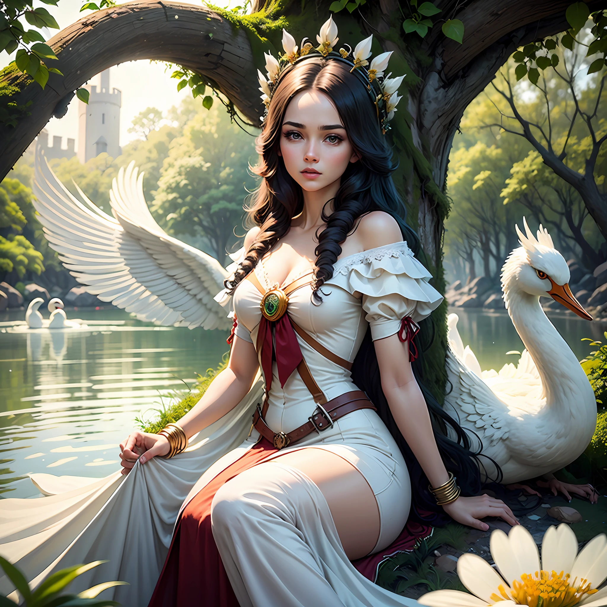 Rainha ao lado de seu Castelo na Floresta , foto realista, Logo com Cisne branco, na entrada do castelo tem Flores, wallpaper 8k