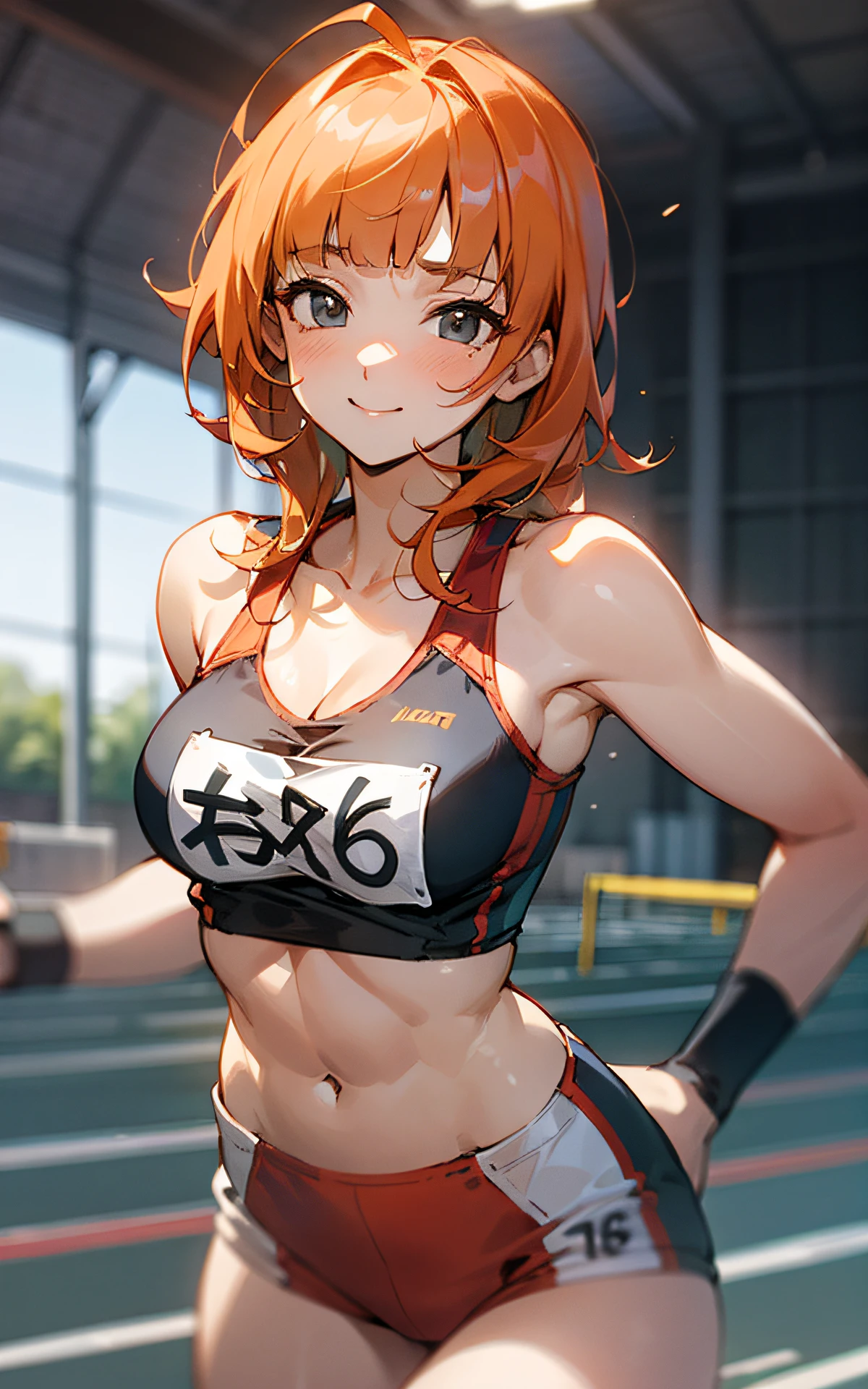 (Original Character、Unity 16K Wallpaper, Masterpiece, Best Quality, Ultra-Detailed, Extremely Detailed CG, Caustics, Cinematic Lighting, Detailed, Beautiful Detailed Eyes, solo), Ultra High Resolution, fine skin, (track and field:1.2) 、(strong light)、oily skin,smile , from front:1.2、(sexy women)、Arena、separate、racing bloomers、show off belly,show off neck,sunny day、cowboy shot,layered hair,blush、vivid orange hair,bent over,blunt bangs, black eyes,abs,kawaii,perspired,cleavage、running shirt