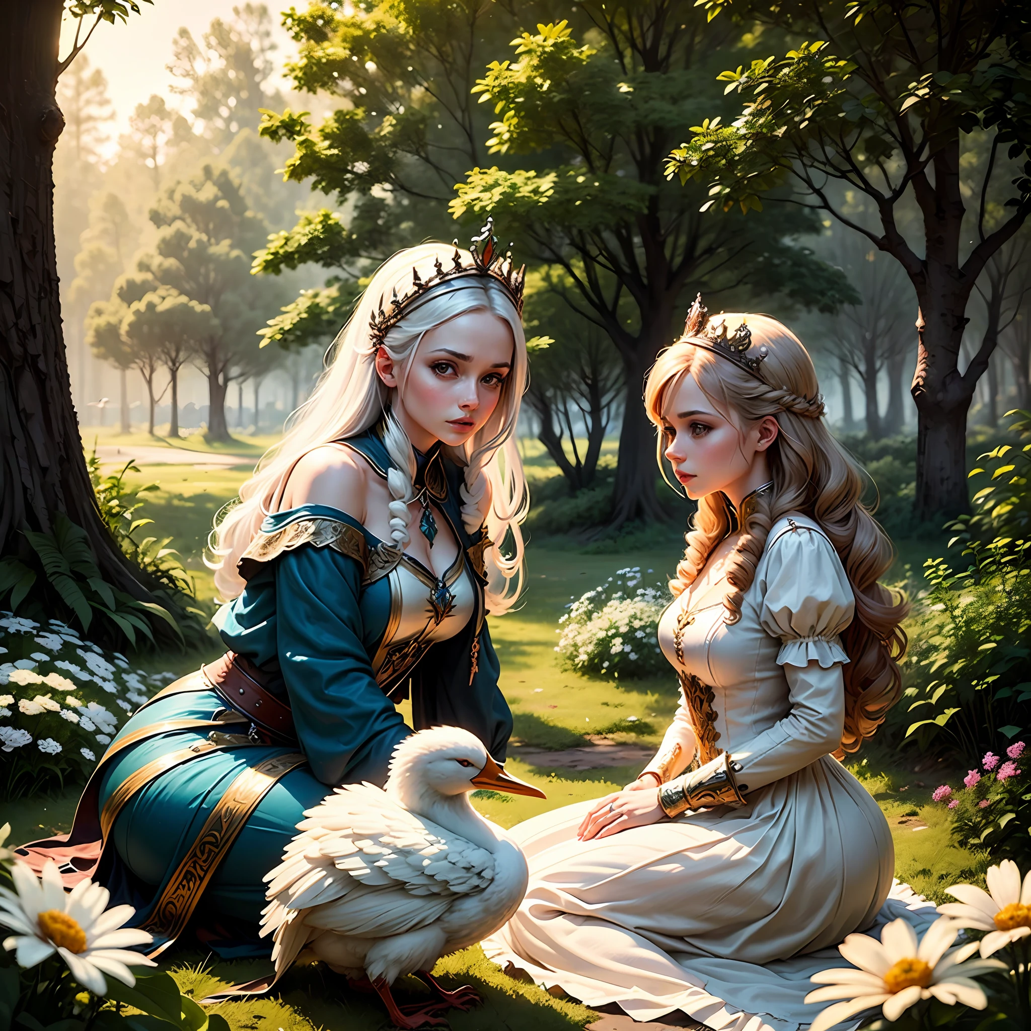 Rainha ao lado de seu Castelo na Floresta , foto realista, Logo com Cisne branco, na entrada do castelo tem Flores, wallpaper 8k