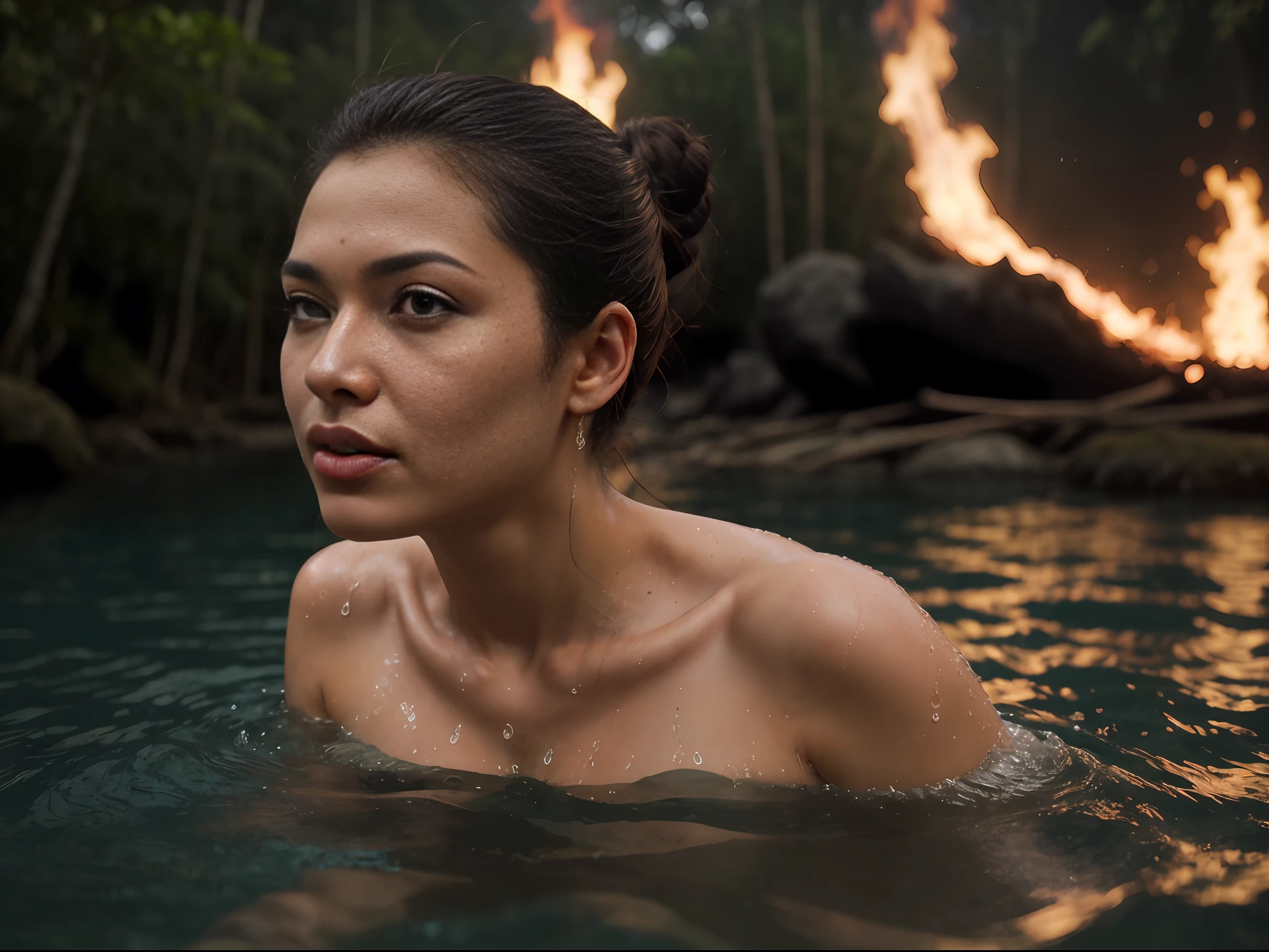 (night) with a lot of reflection of fire on the surface of the waters, epiCRealism, rain of fire, very stunning indonesian balinese girl, sunburnt ebony skin, long light straight hair, wavy at the height of the back, gray eyes, fluffy turned, ((big cheeks)), (close-up upper body:1.3), over shoulder, plump lips, detailed (wrinkles, blemishes!, folds!, moles, viens, pores!!, skin imperfections:1.2), detailed eyes, detailed face, detailed upper body, Better eyes, Better face, Better skin,
bathing in the natural, wet hair, naked in a deep lake of flames and transparent waters , only with the head and neck out of the water, gueixa eyes, 18 years old, tangled hair, messy hair, ebony lips, 8k uhd, forest in flames, river of flames, contrast, clear sky, style, (warm hue, warm tone), analog style (look at viewer:1.2) (skin texture), close up, cinematic light, sidelighting, Fujiflim XT3, DSLR, 50mm, topless woman, puffies, dark mysterious forest in flames, thick fog, menacing eyes, long hair, blunt bangs, hair bun, twintails, double bun, sidelocks, clothed bathing, girl floating above the water, balipunkai forest in flames in background, concept art