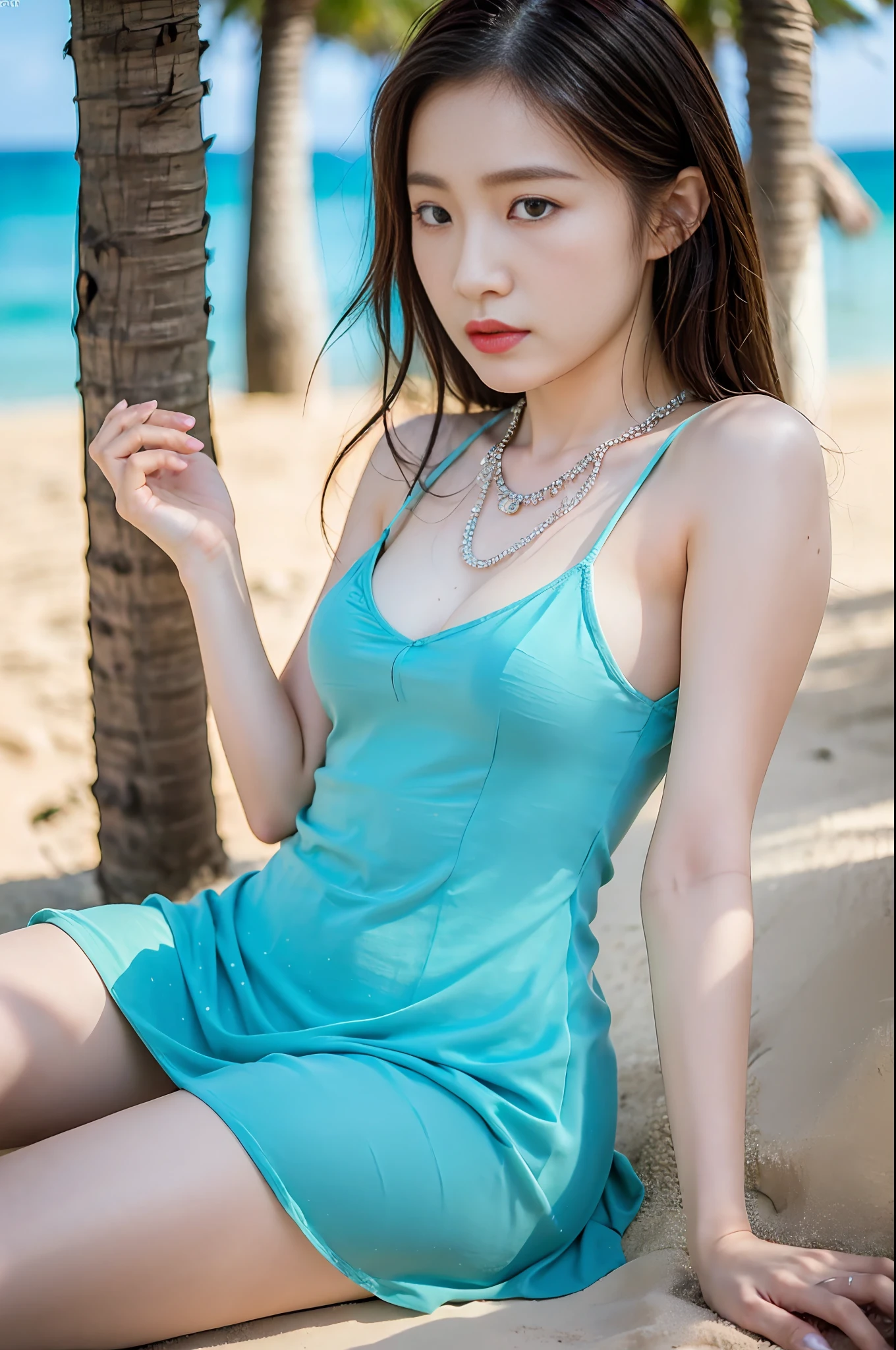 (8K, RAW photogr, Photorealistic:1.25),1girll,sandbeach,blue-sky,baiyun,Pose,mannequin, (beachside:1.5),Rainbow color slip dress,Rainbow color necklace,(of a real:1.4),conservative girl