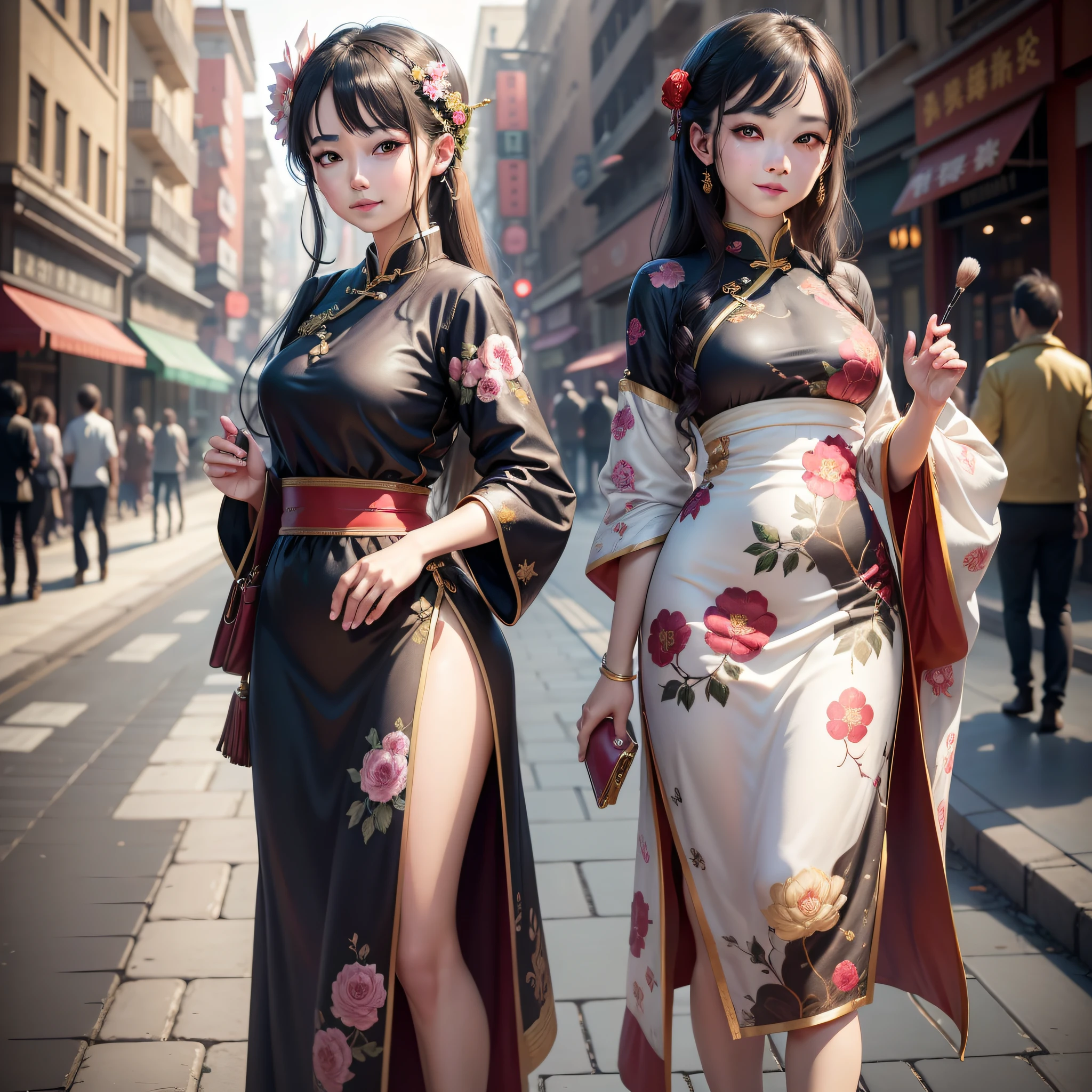 offcial art, Kizi, Ancient Chinese clothing, Gangnam scenery, Small family jasper, black color hair, kanzashi, ssmile, looking at viewert, close-up, Realism, best quality, high details, masterpiece, super detail, textured skin --auto