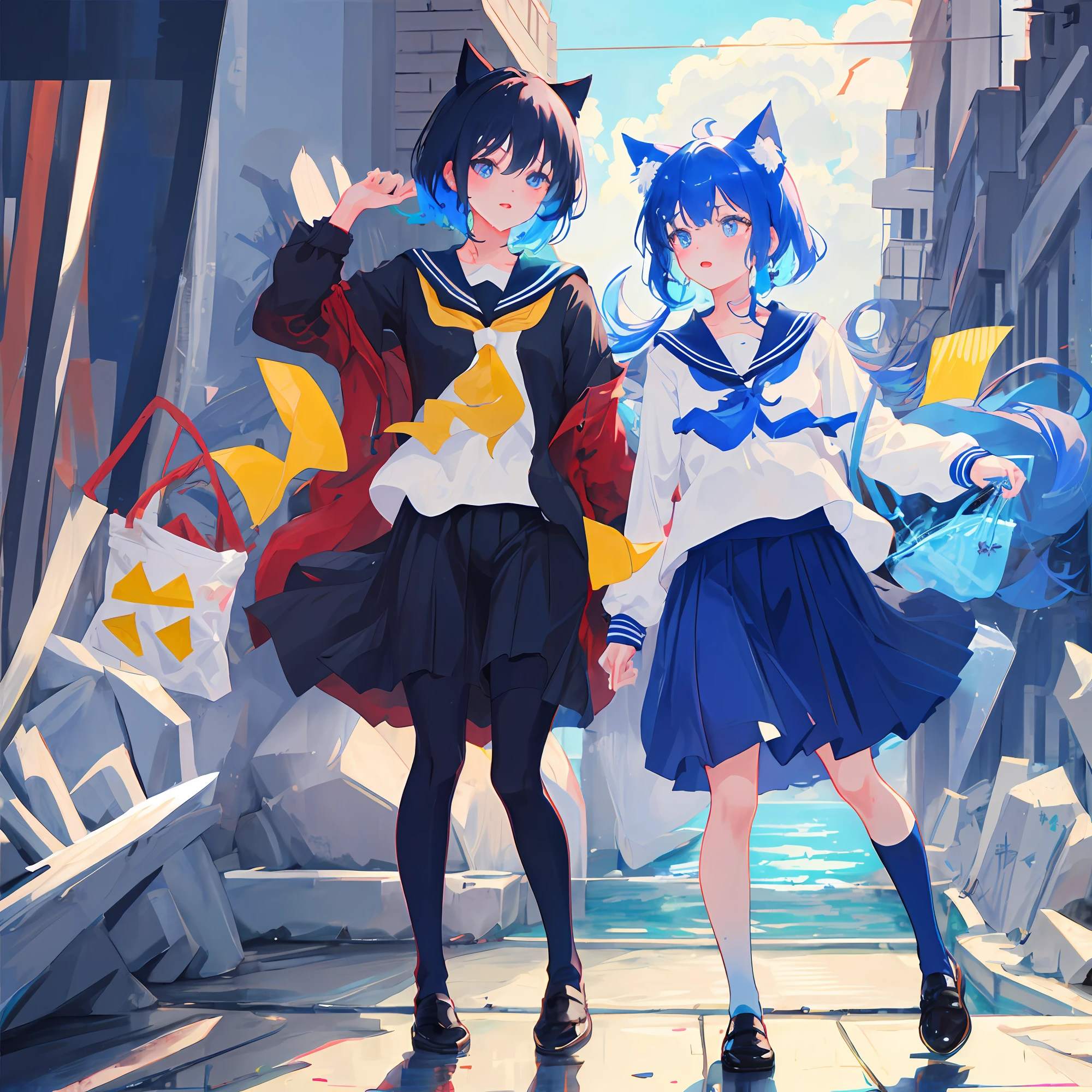 Best quality, high resolution, quadratic, girly, blue hair, colored eyes, sailor suit, full body, black silk, fluffy top, cat ears, wet