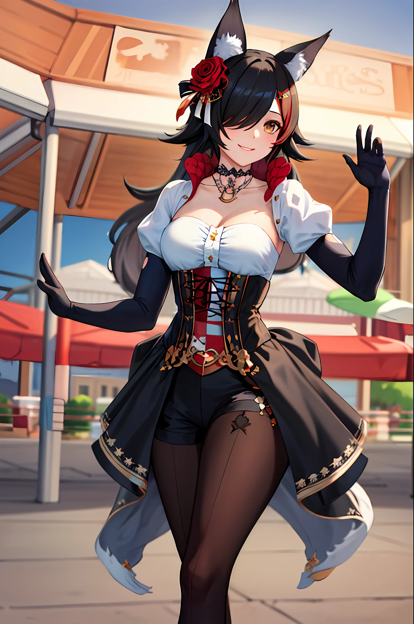 Masterpiece, Best quality, A high resolution, miosha1, hair flower, double tails, hair on one eye, Wolf tail, Elbow gloves, playingcards, Pantyhose, Puffy sleeves, Corset, choker necklace, Two-tone dresses, Outdoors, Walking, An amusement park, Cowboy shot, Smile, Waving,