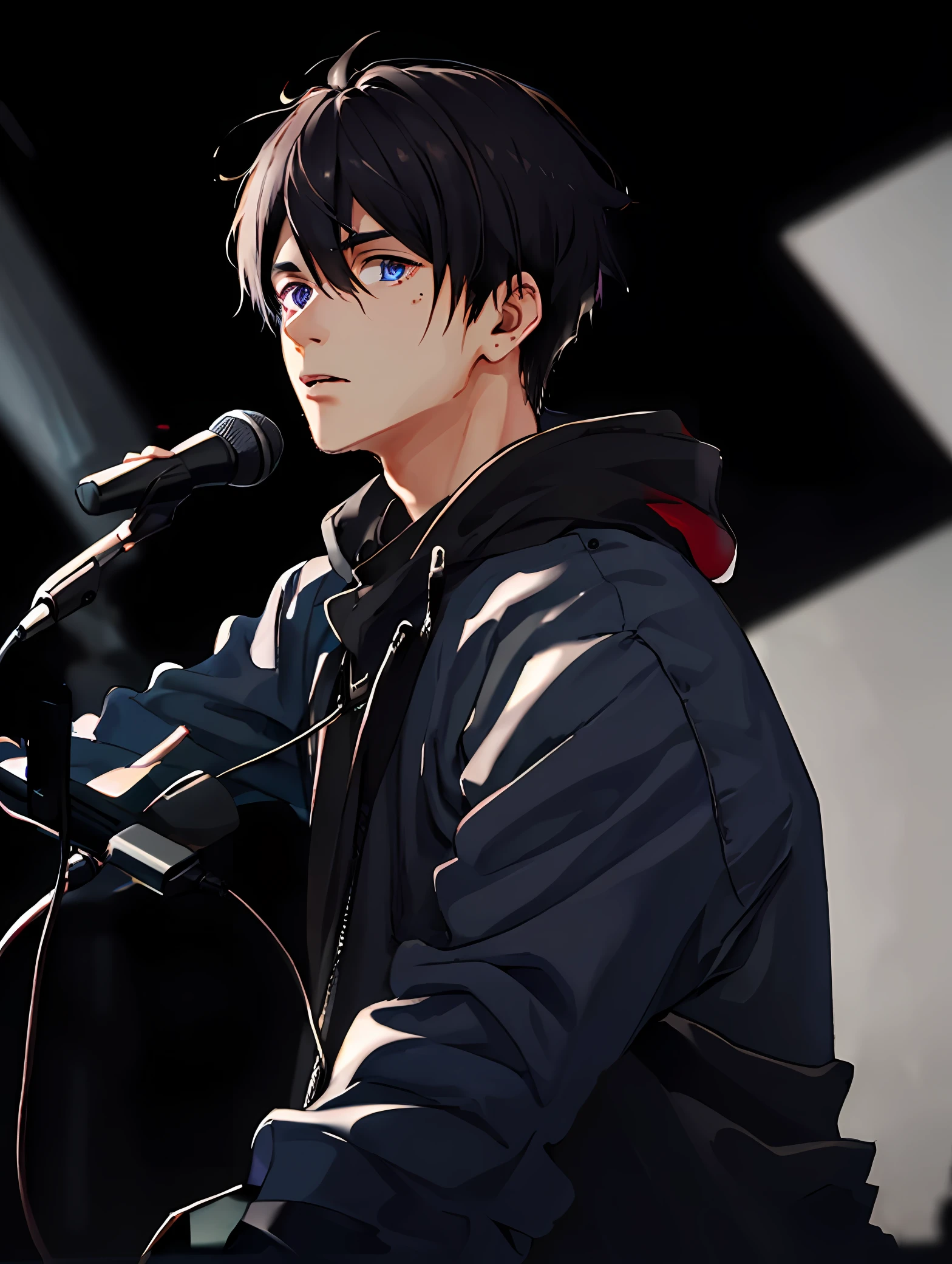 20-year-old boy,microphones,stage,There are tear moles in the corners of the eyes,The background is the stage