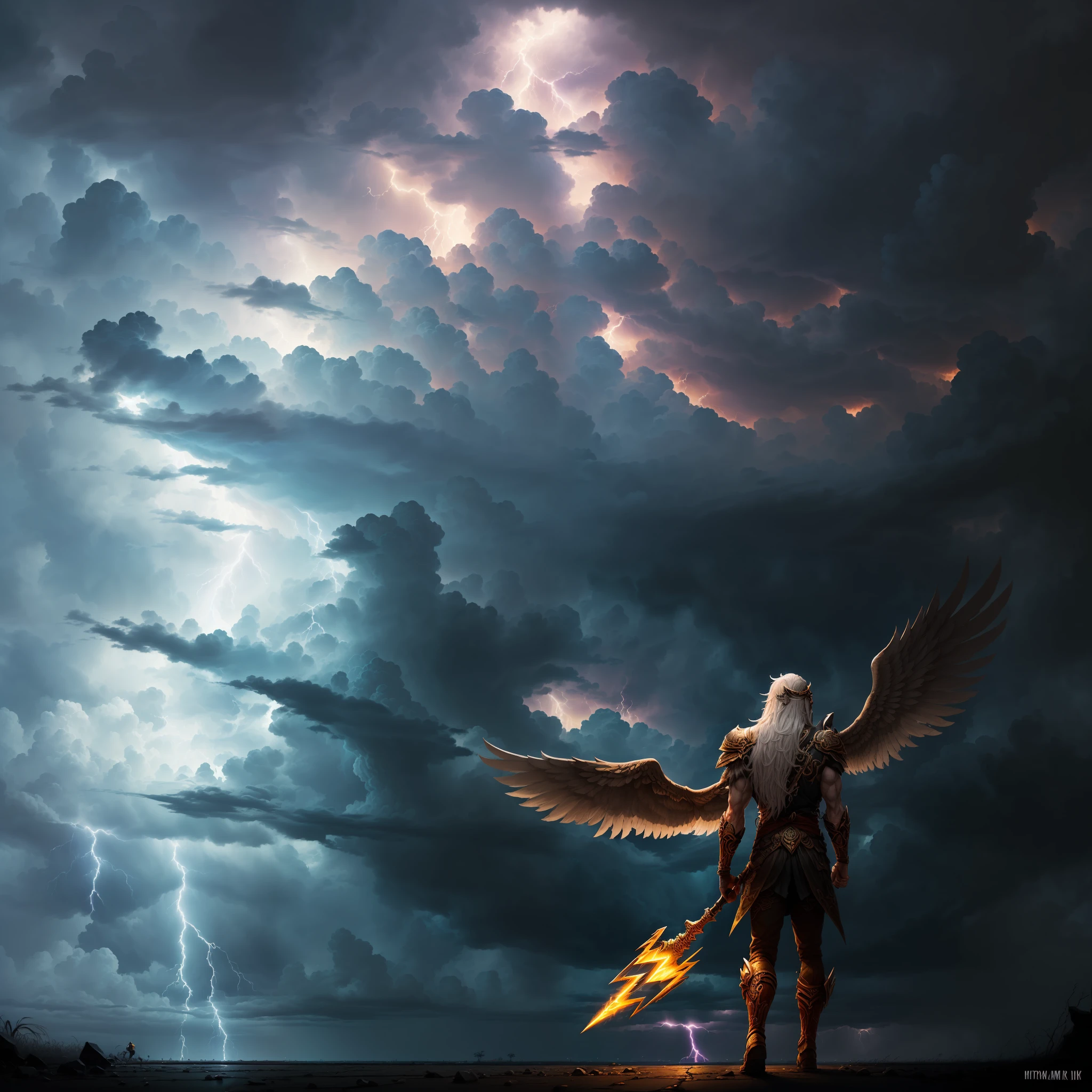 "(mito:1.5)(Dark style)(Hold a hammer in your left hand)(Hold a chisel in your right hand)(Wings on the back:1.3)(beak)(bronze skin:1.2)(male people:1.2)(long whitr hair:1.2)(Thunder and lightning surround)(dark cloude)(Lightning silhouette)(Stormy night view)(Lightning detail)(Sense of oppression)". --auto