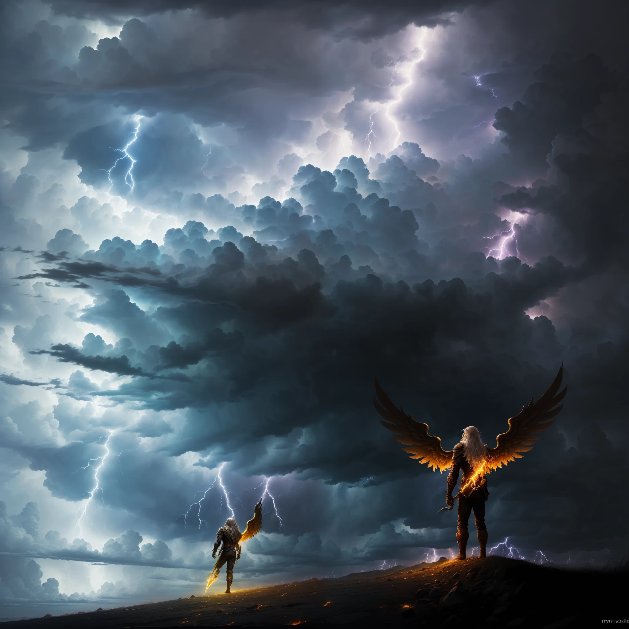 "(mito:1.5)(Dark style)(Hold a hammer in your left hand)(Hold a chisel in your right hand)(Wings on the back:1.3)(beak)(bronze skin:1.2)(male people:1.2)(long whitr hair:1.2)(Thunder and lightning surround)(dark cloude)(Lightning silhouette)(Stormy night view)(Lightning detail)(Sense of oppression)". --auto