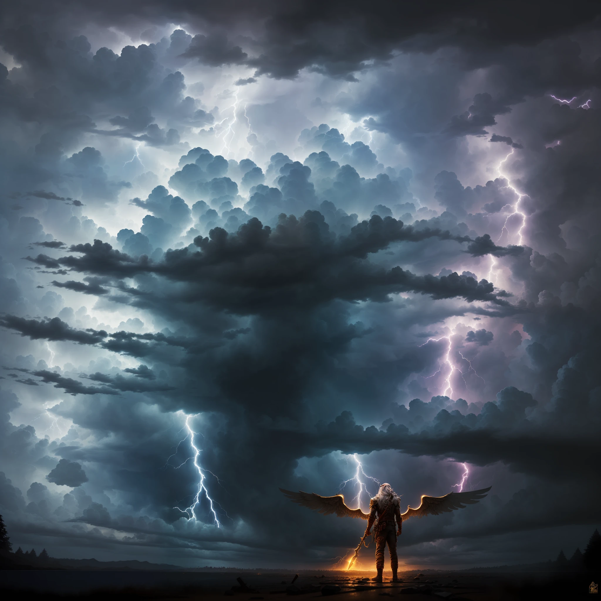 "(mito:1.5)(Dark style)(Hold a hammer in your left hand)(Hold a chisel in your right hand)(Wings on the back:1.3)(beak)(bronze skin:1.2)(male people:1.2)(long whitr hair:1.2)(Thunder and lightning surround)(dark cloude)(Lightning silhouette)(Stormy night view)(Lightning detail)(Sense of oppression)". --auto