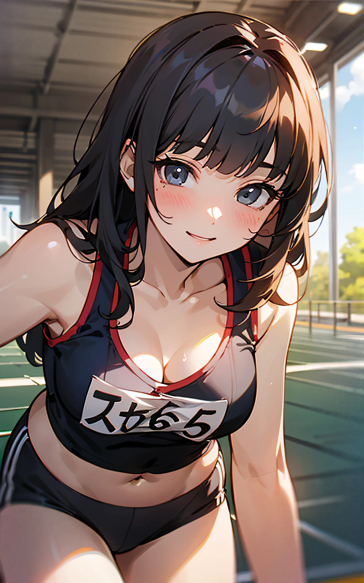 (Original Character、Unity 16K Wallpaper, Masterpiece, Best Quality, Ultra-Detailed, Extremely Detailed CG, Caustics, Cinematic Lighting, Detailed, Beautiful Detailed Eyes, solo), Ultra High Resolution, fine skin, (track and field:1.2) 、(strong light)、oily skin,smile , from front:1.2、(sexy women)、Arena、separate、racing bloomers、show off belly,show off neck,sunny day、cowboy shot,layered hair,blush,bent over,blunt bangs, black eyes,abs,kawaii,perspired,cleavage、running shirt