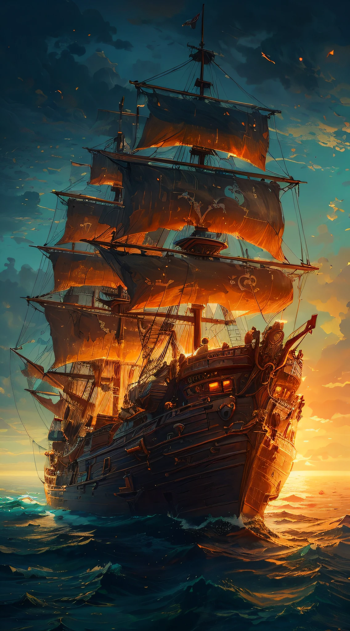 painting of a ship in the ocean with a sunset in the background, detailed cover artwork, amazing wallpaper, pirate ship, old pirate ship, gothic ship on ocean, 4k highly detailed digital art, burning ships, inspired by gaston bussiere, by Roman Bezpalkiv, detailed painting 4 k, by Arthur Pan, by Aleksander Gine
